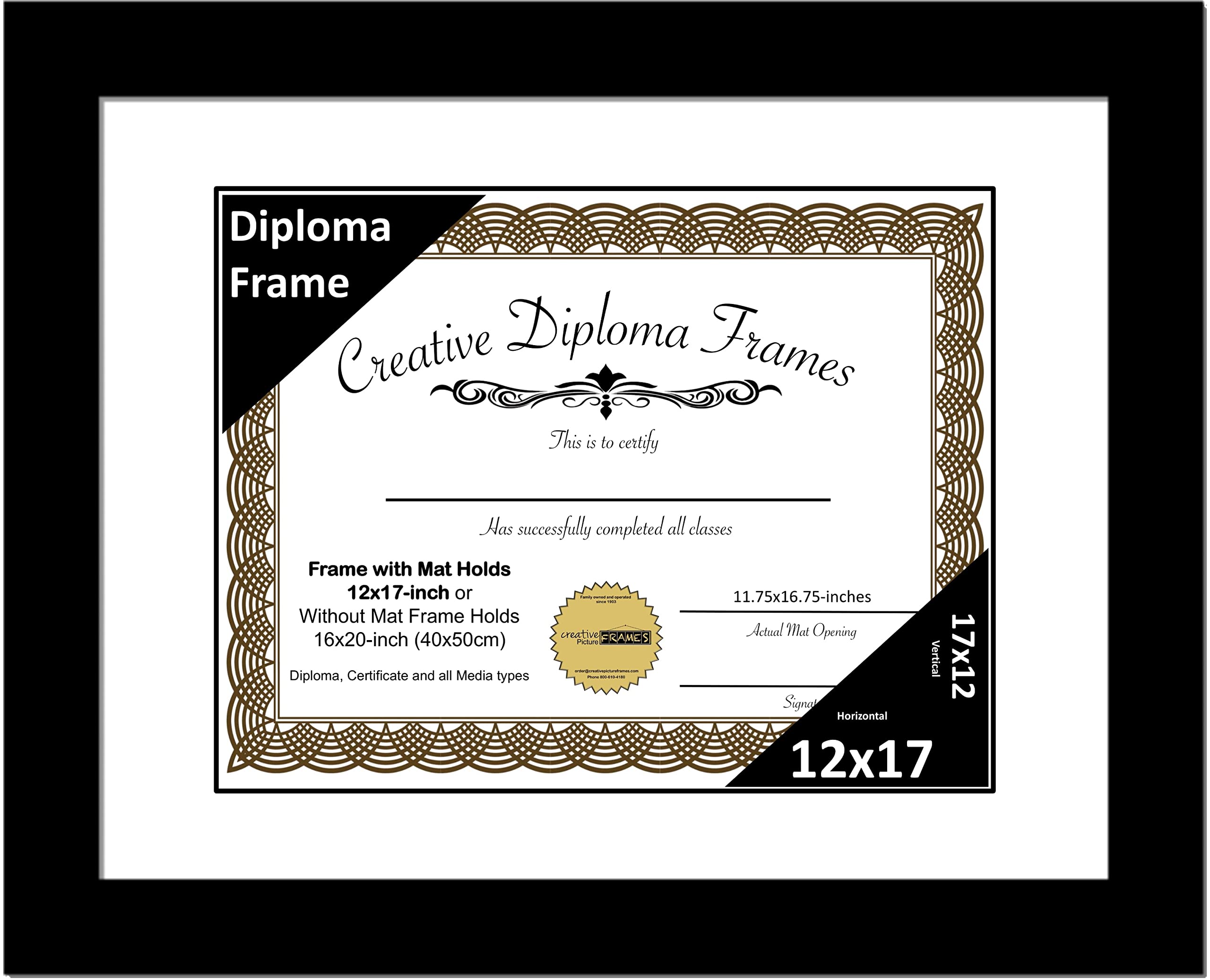 Creative Picture Frames 12x17 Classic Black Diploma Frame with White Mat Glass Easel and Installed Wall Hangers | Frame Holds 16