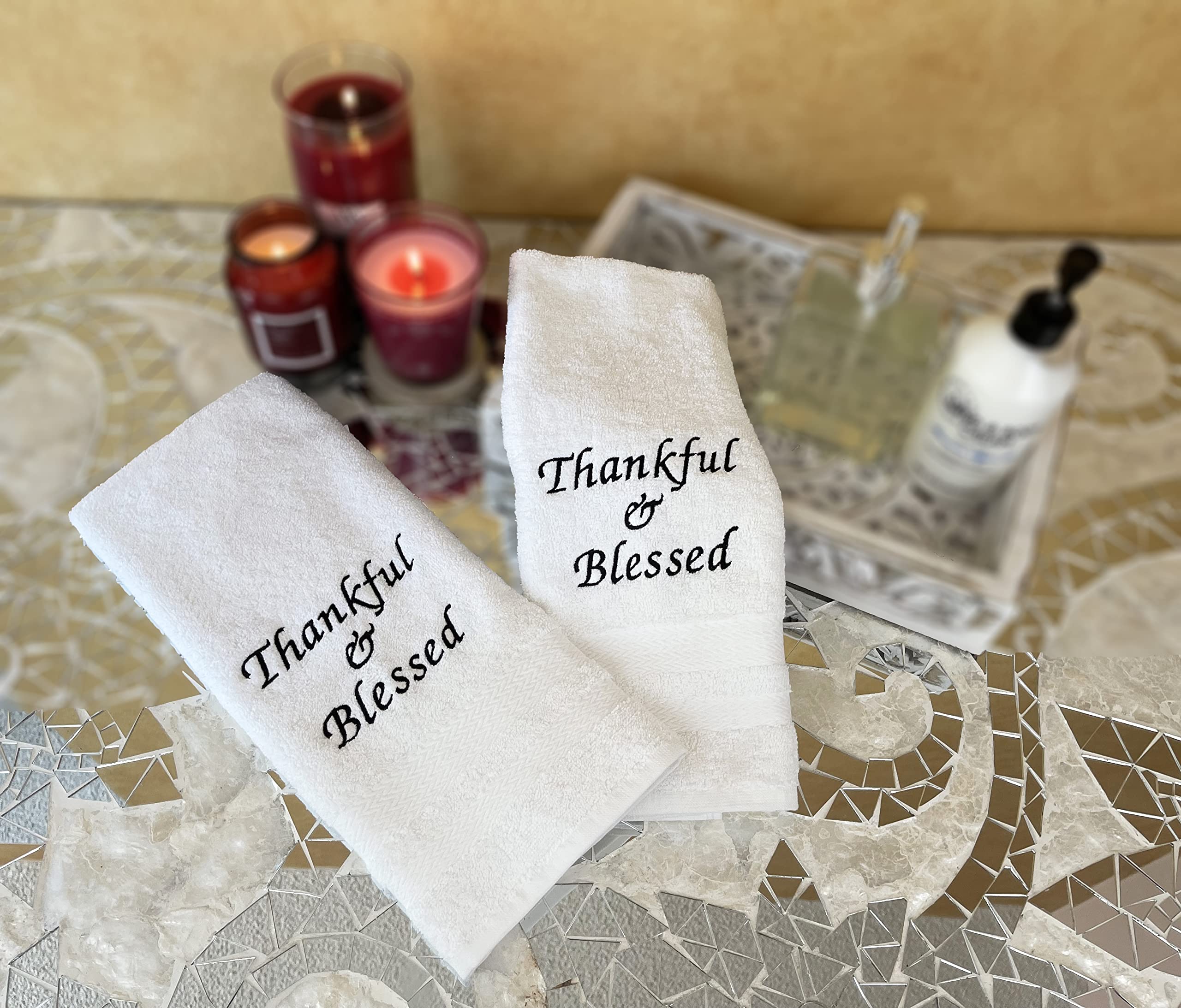 Liberty21 Embroidered Hand Towels With Inspirational Message: Thankful & Blessed (1 Set Of 2 Hand Towels) For Bathroom, Kitchen