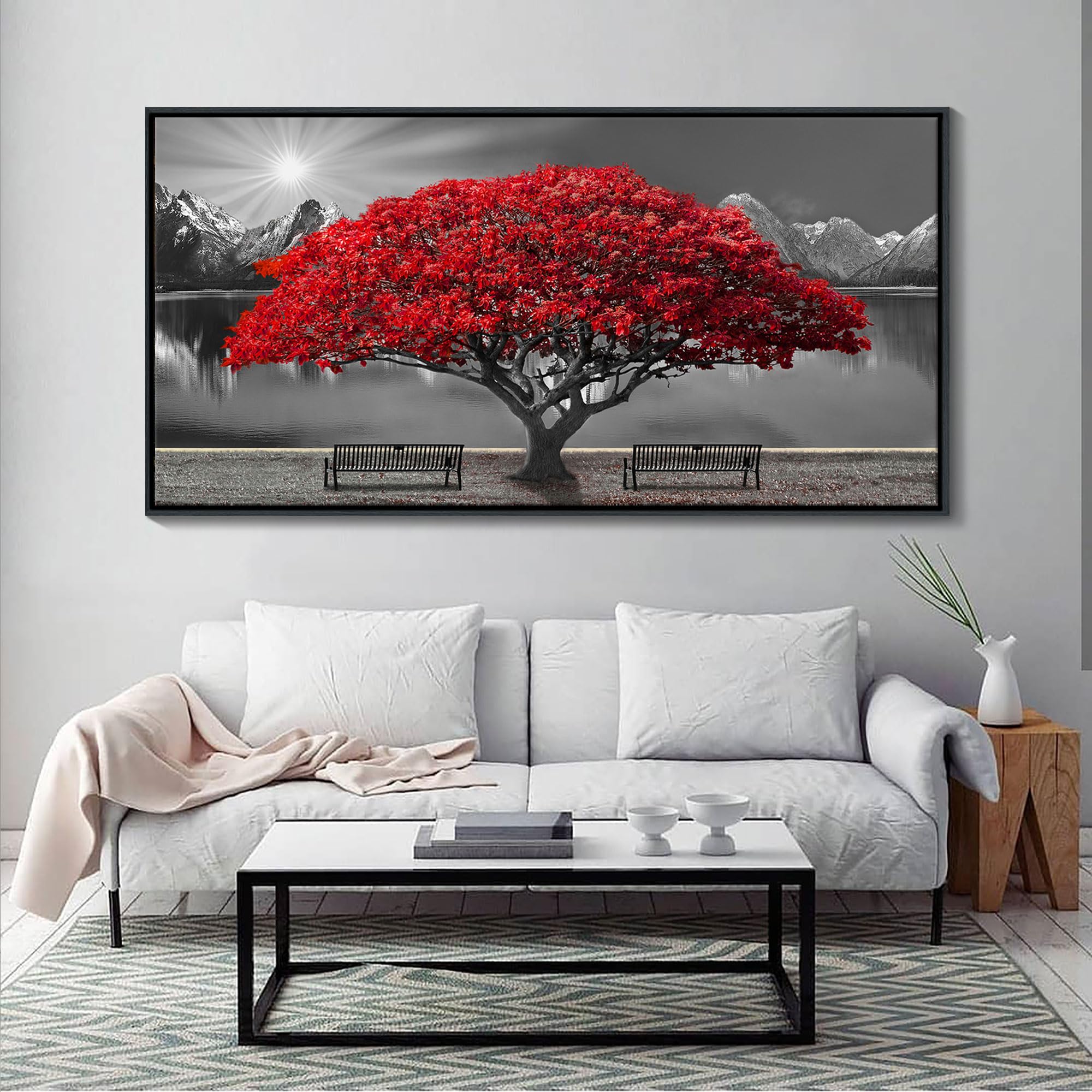 Framed Black And White Red Tree Wall Art Canvas Print Picture Large Red Tree Landscape Modern Artwork For Living Room Bedroom Of