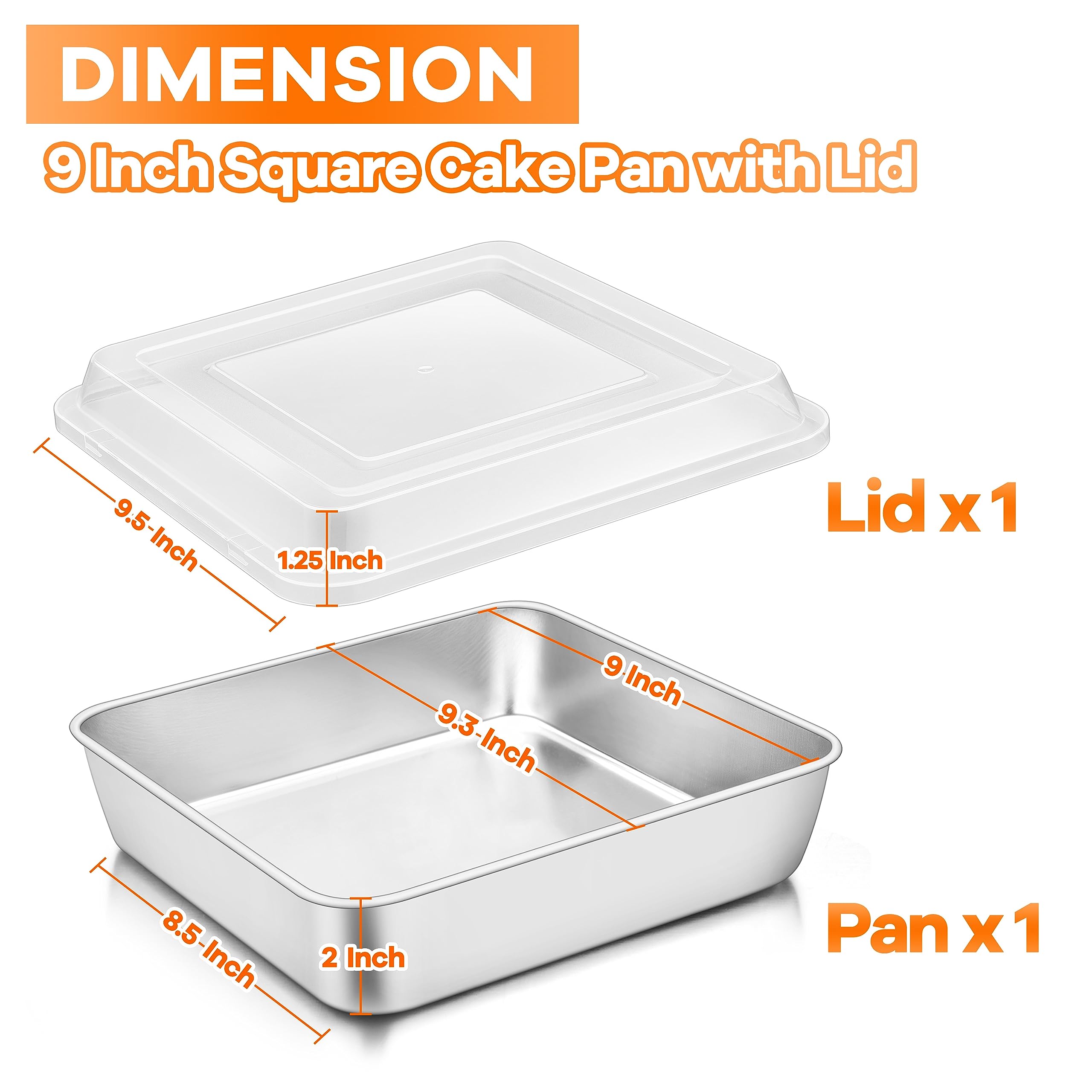 Teamfar 9 X 9 Inch Square Cake Pan, Stainless Steel Square Baking Pan With Lid For Brownie Lasagna, Non-Toxic & Heavy Duty, One