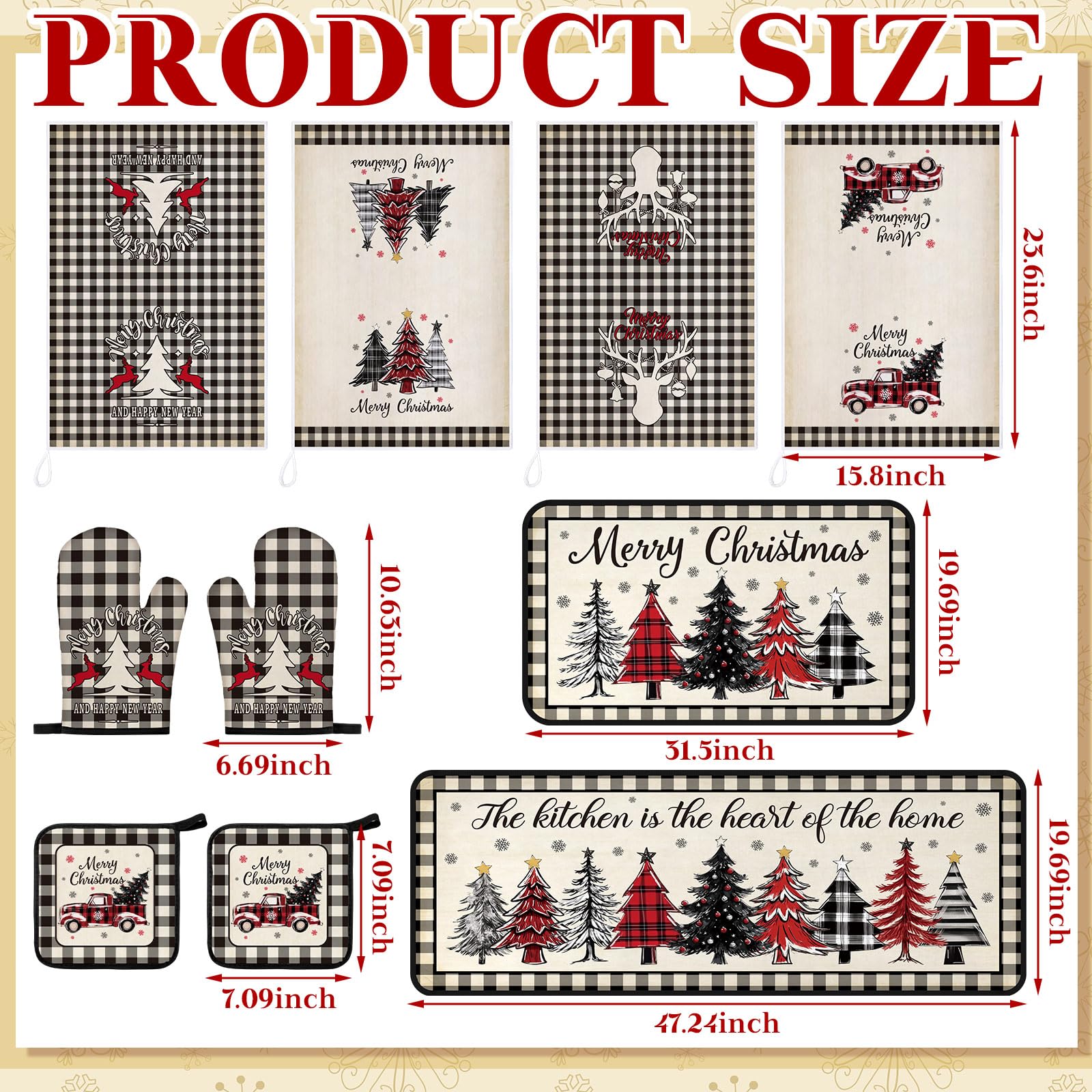 Fourluoo 10 Pcs Christmas Tree Farmhouse Kitchen Decor Set Dish Towels Kitchen Rugs Oven Mitts and Pot Holders Set for Cooking B