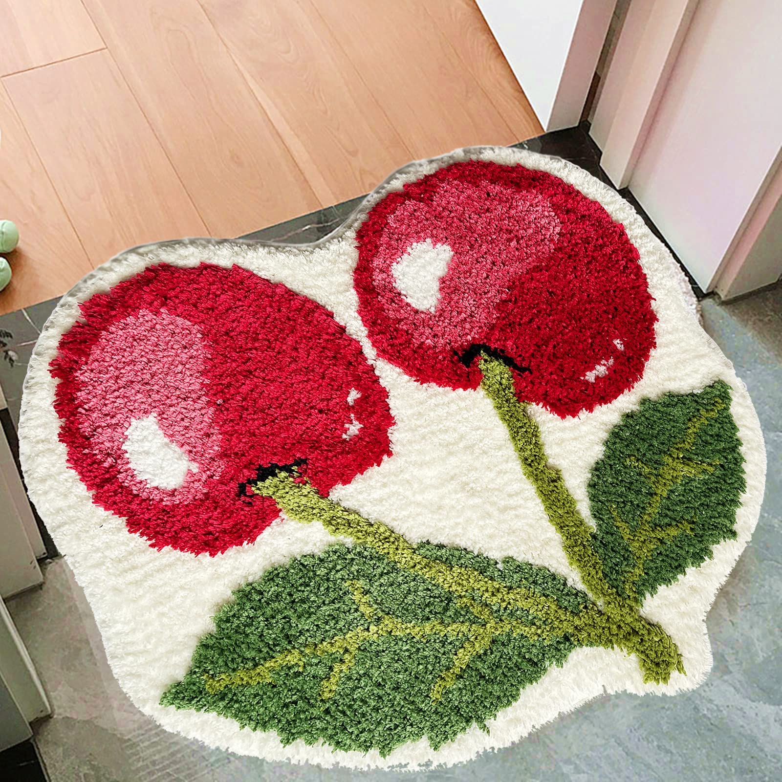 Ukeler Cute Cherry Bathroom Rug For Kids Non Slip Absorbent Bath Mat Washable Shaggy Bedroom Decor Plush Bath Rug For Shower 23.