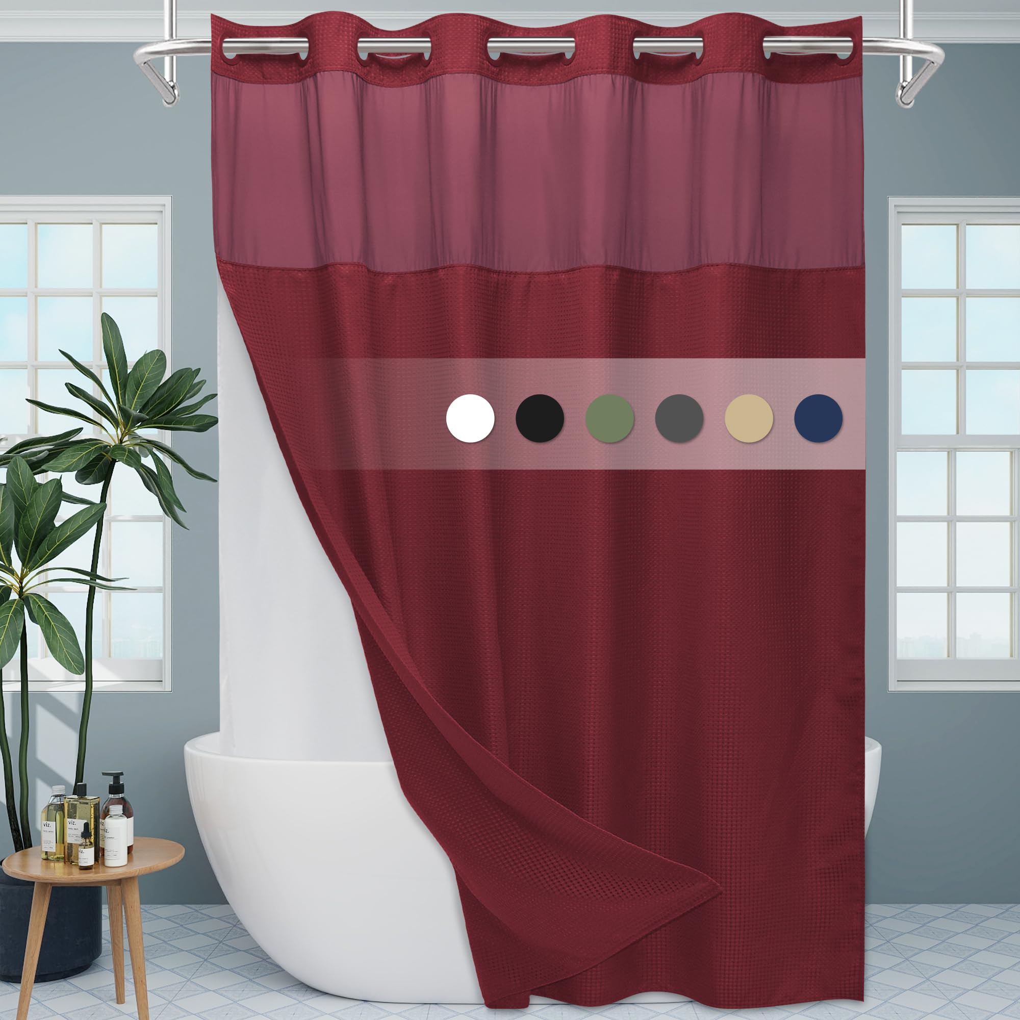 Eutxl Burgundy Long No Hook Shower Curtain With Snap In Liner,230Gsm Waffle Weave Shower Curtains For Bathroom,71W X 86H