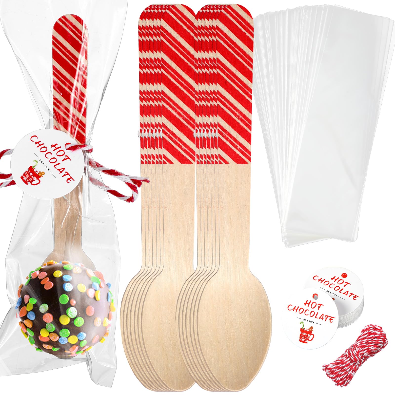 Teenyyou 100 Set Christmas Wooden Spoons Hot Cocoa Chocolate Marshmallow Bar Stirring Spoons Chocolate with Tag Bag Rope Gift fo