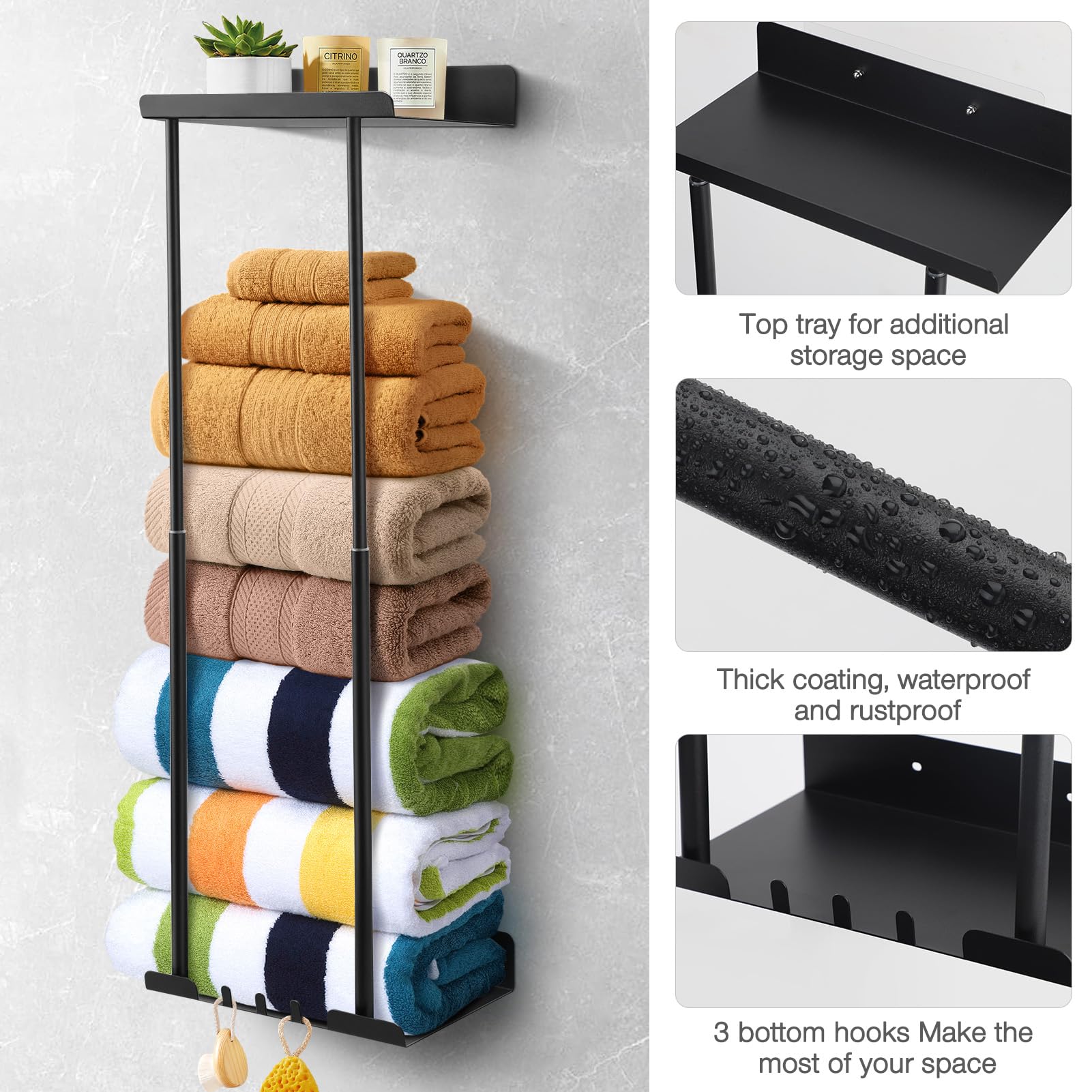 Hommtina Bathroom Towel Storage Black Towel Holder Bathroom Decor Aesthetic Towel Racks For Bathroom Bath Towel Storage For Roll