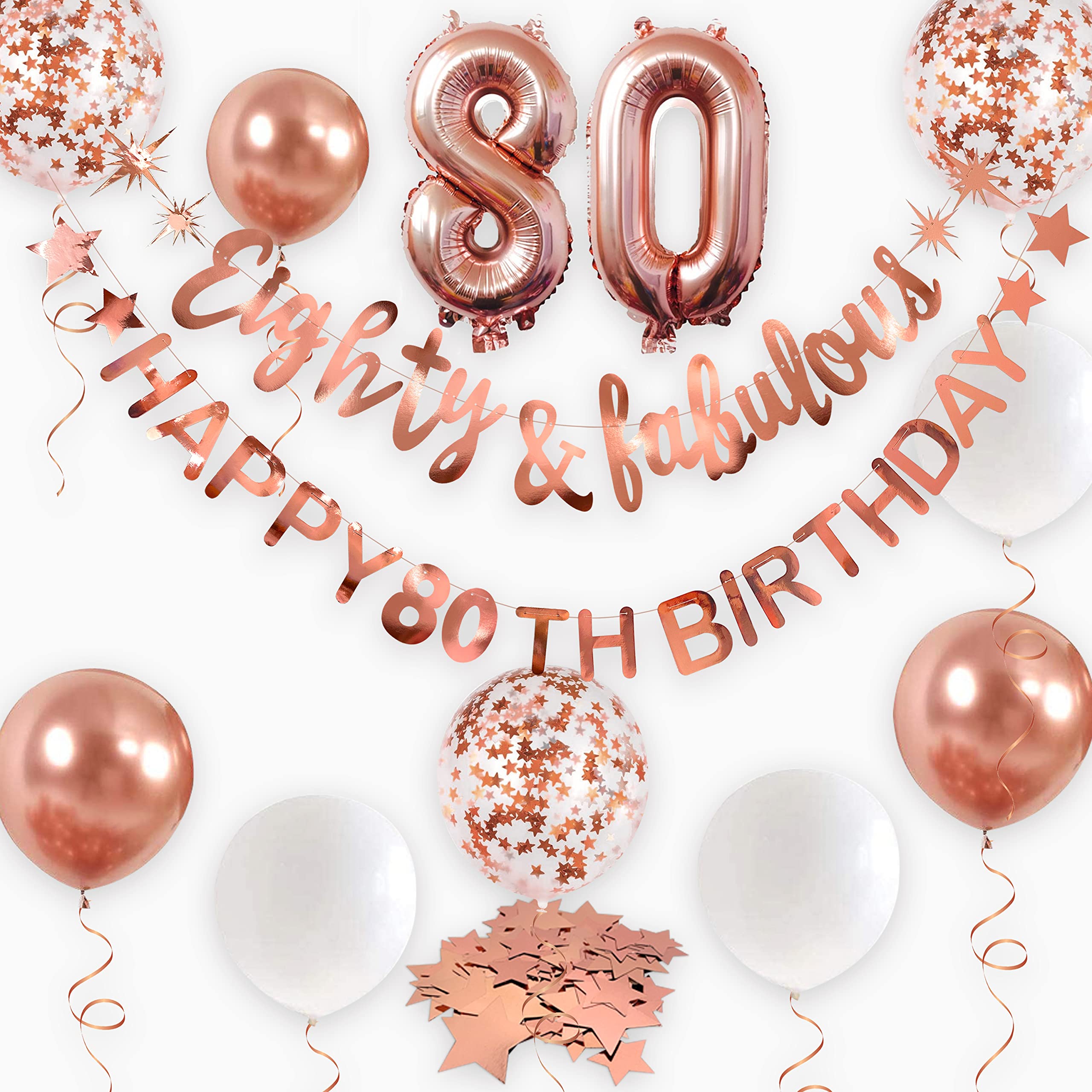 Rose Gold Eighty & Fabulous Happy 80Th Birthday Banner Garland Foil Balloon 80 For Womens 80Th Birthday Decorations Hanging 80 A