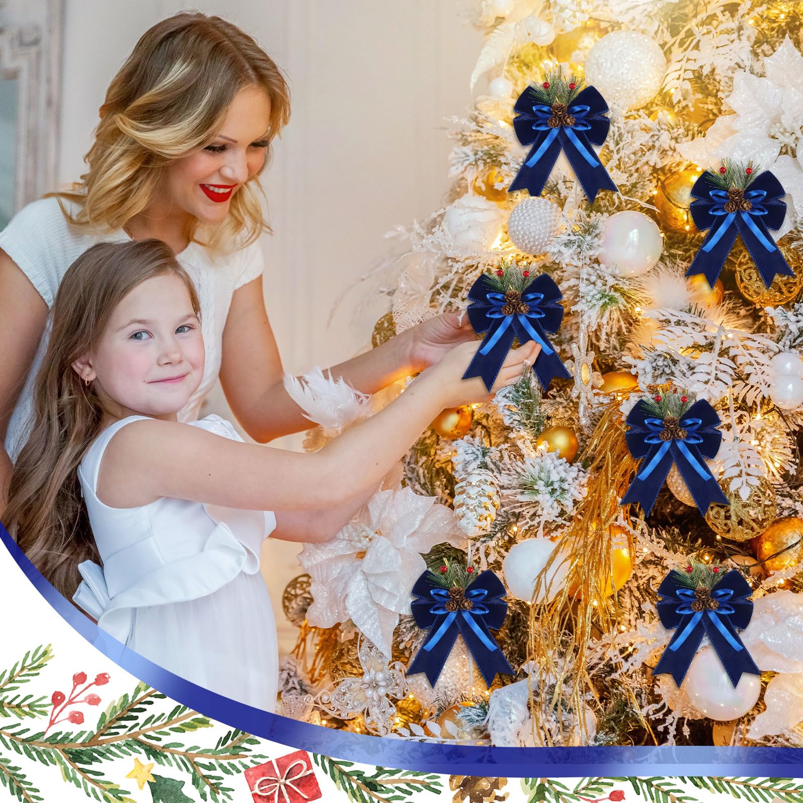 Syhood 6 Pcs Christmas Bows with Pine Cones Pine Needles Xmas Blue Velvet Bows Blue Velvet Ribbon Christmas Tree Wreath Decorati