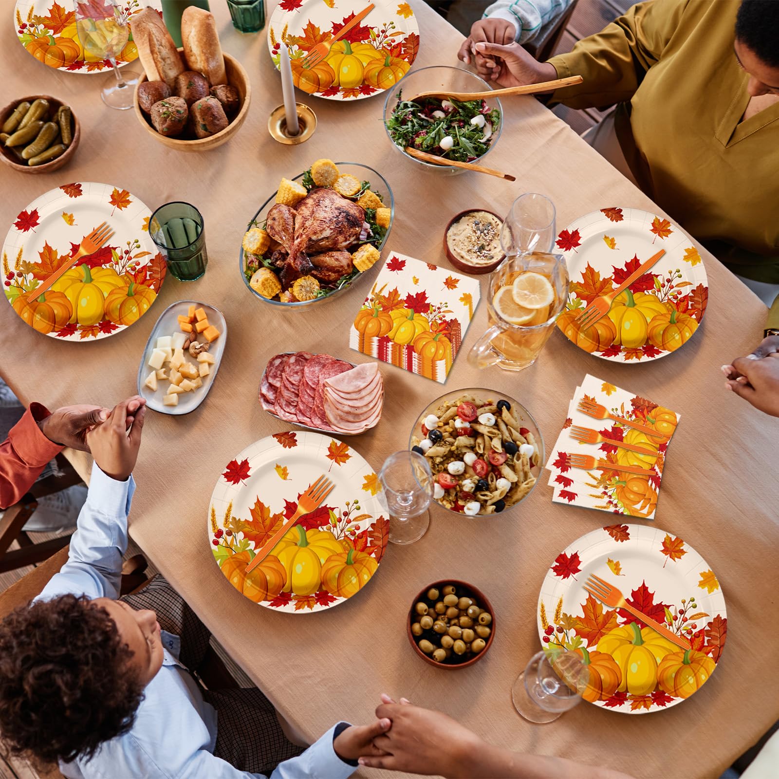 100 Pcs Fall Pumpkin Maple Tableware Party Supplies Set, Serves 25 - Disposable Autumn Harvest Paper Plates, Napkins, and Forks,