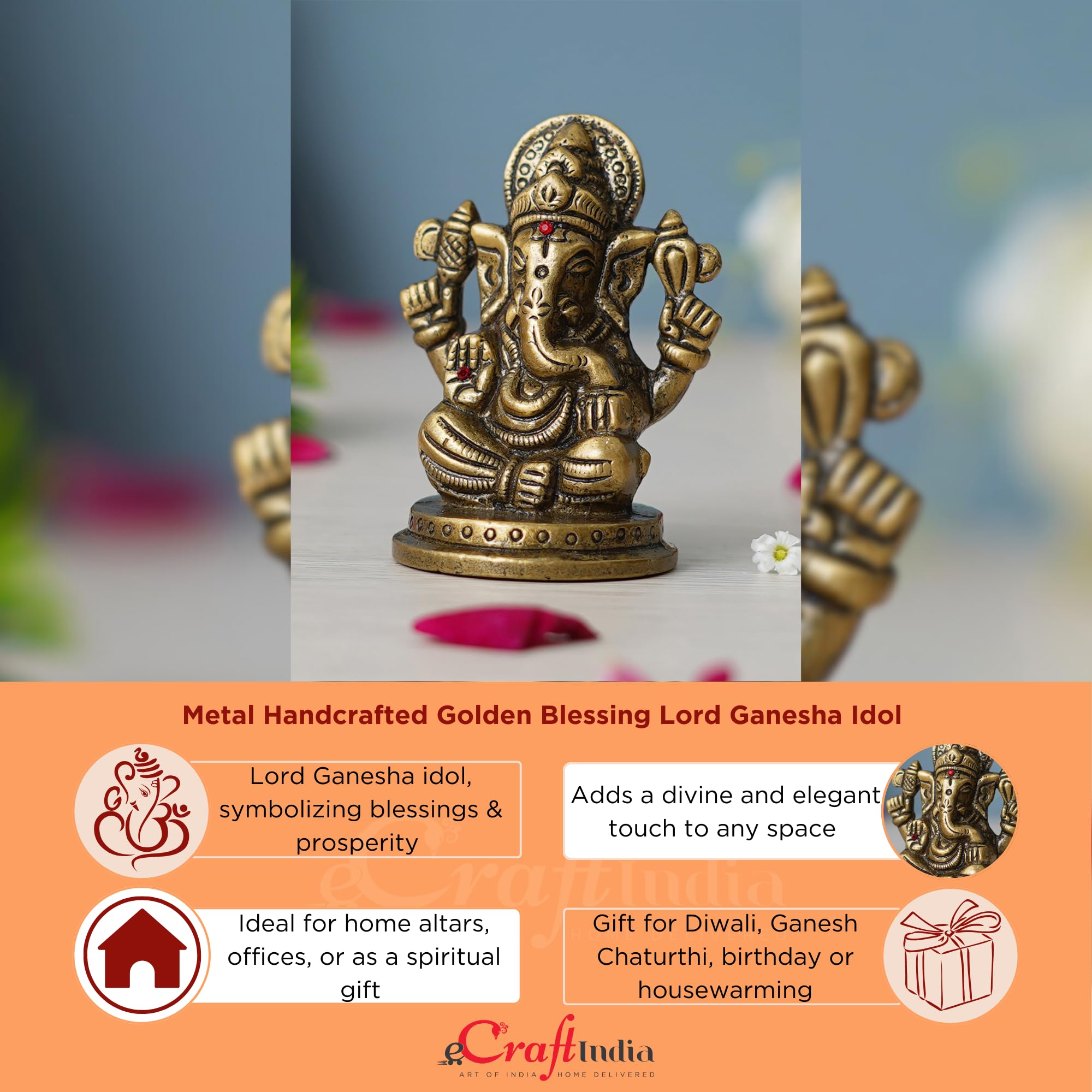 Ecraftindia Golden Metal Handcrafted Blessing Lord Ganesha Idol For Home Decor Office Car Dashboard- Ganesha Statue For Puja Roo