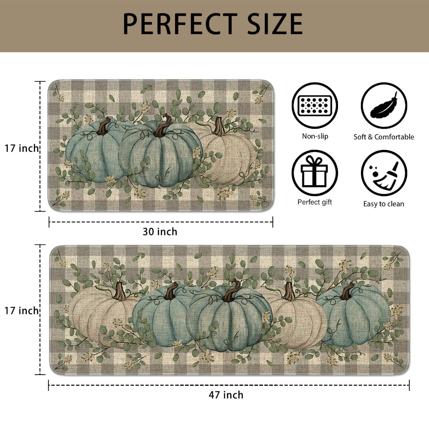 HSOWKDN Fall Kitchen Mats Set of 2,Fall Kitchen Decor Pumpkin Mat for Floor Thanksgiving Rugs Decorations, Non Slip Washable Rug
