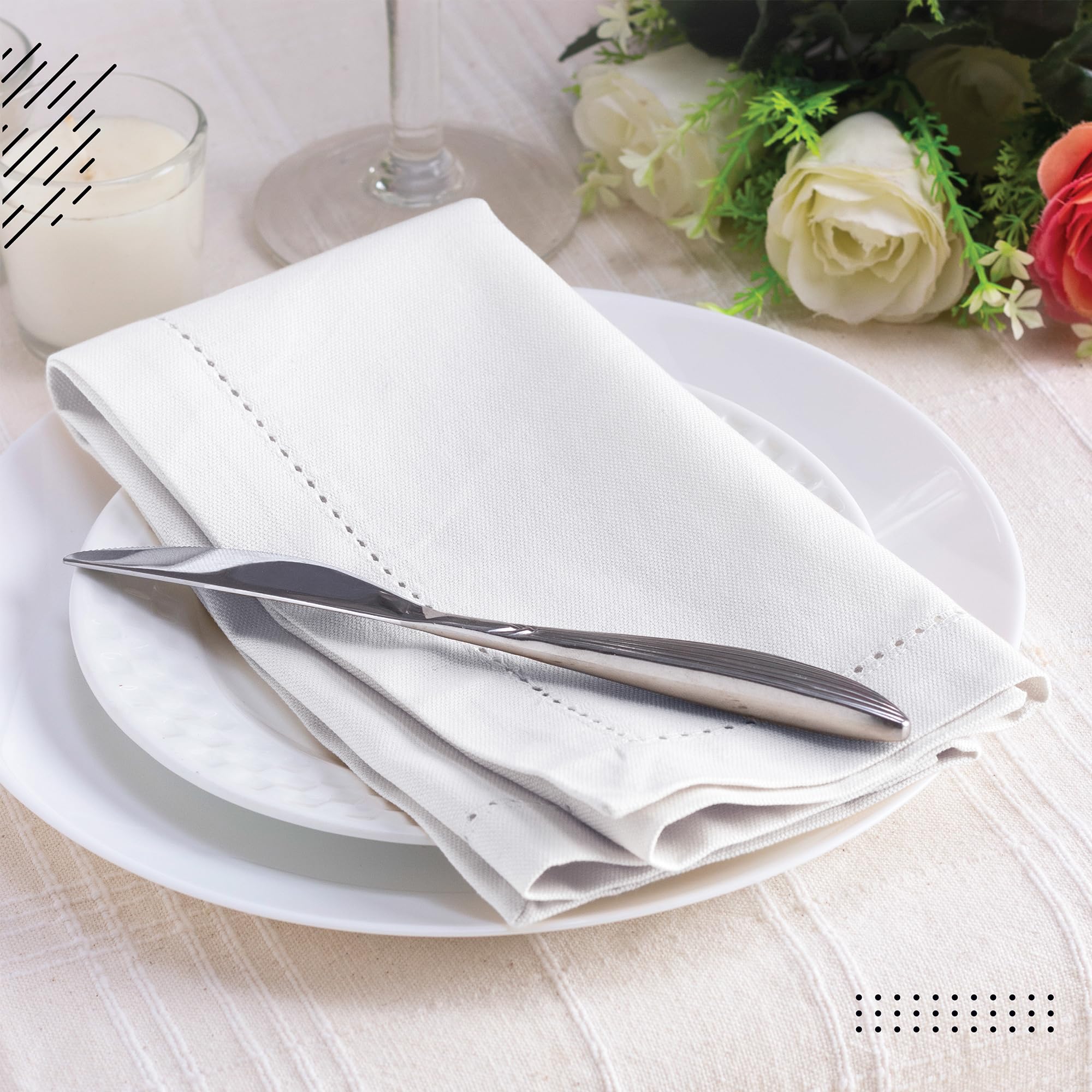 Encasa Xo Cloth Napkins Set Of 4 | Pure Cotton Hemstitched Design | White | Square 17''X17'' | Dining Table Napkins - Machine Wa