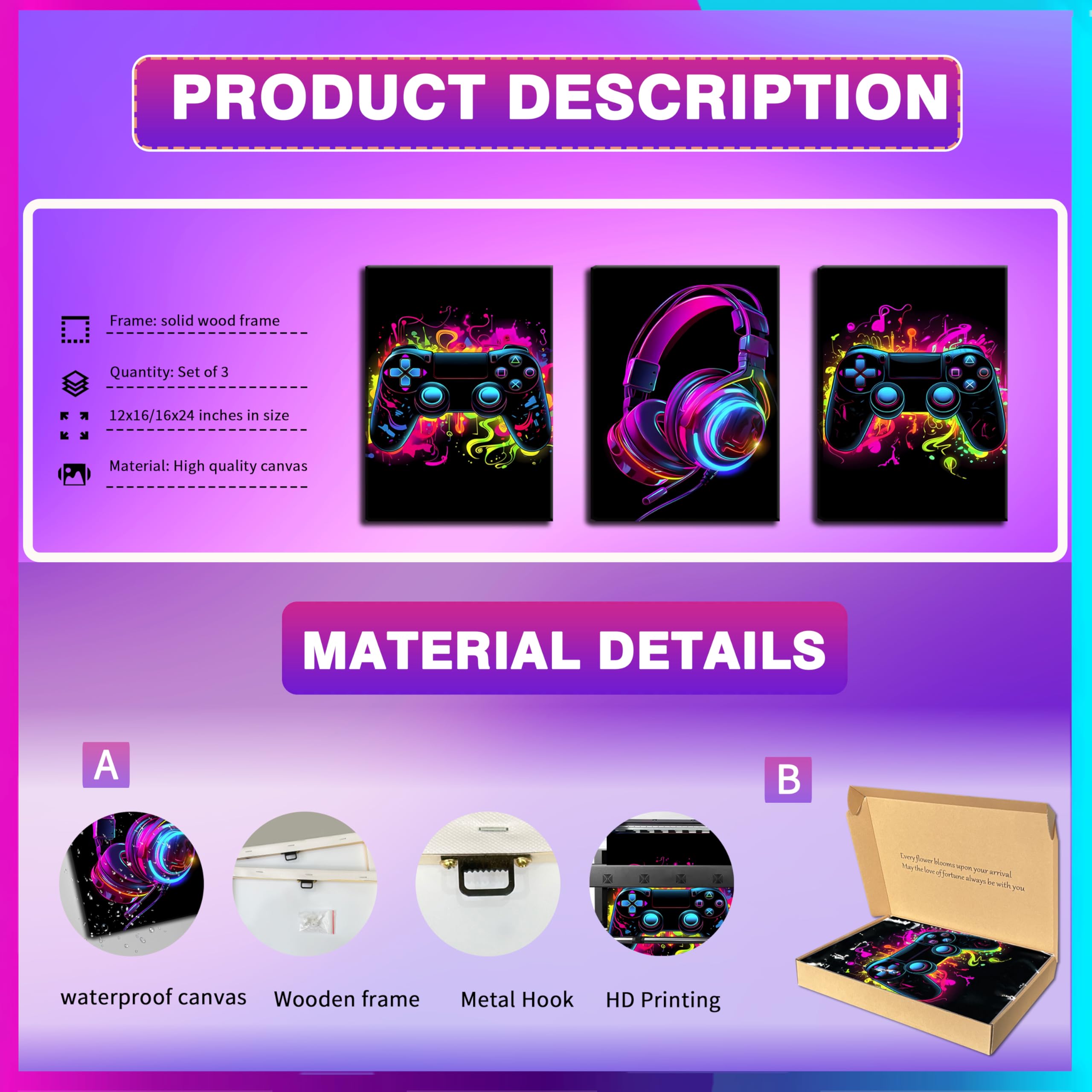 Bgfce Game Room Decor Set Of 3, Neon Gaming Video Game Room Wall Art, Gaming Canvas Paintings Posters Prints For Teen Boys Room