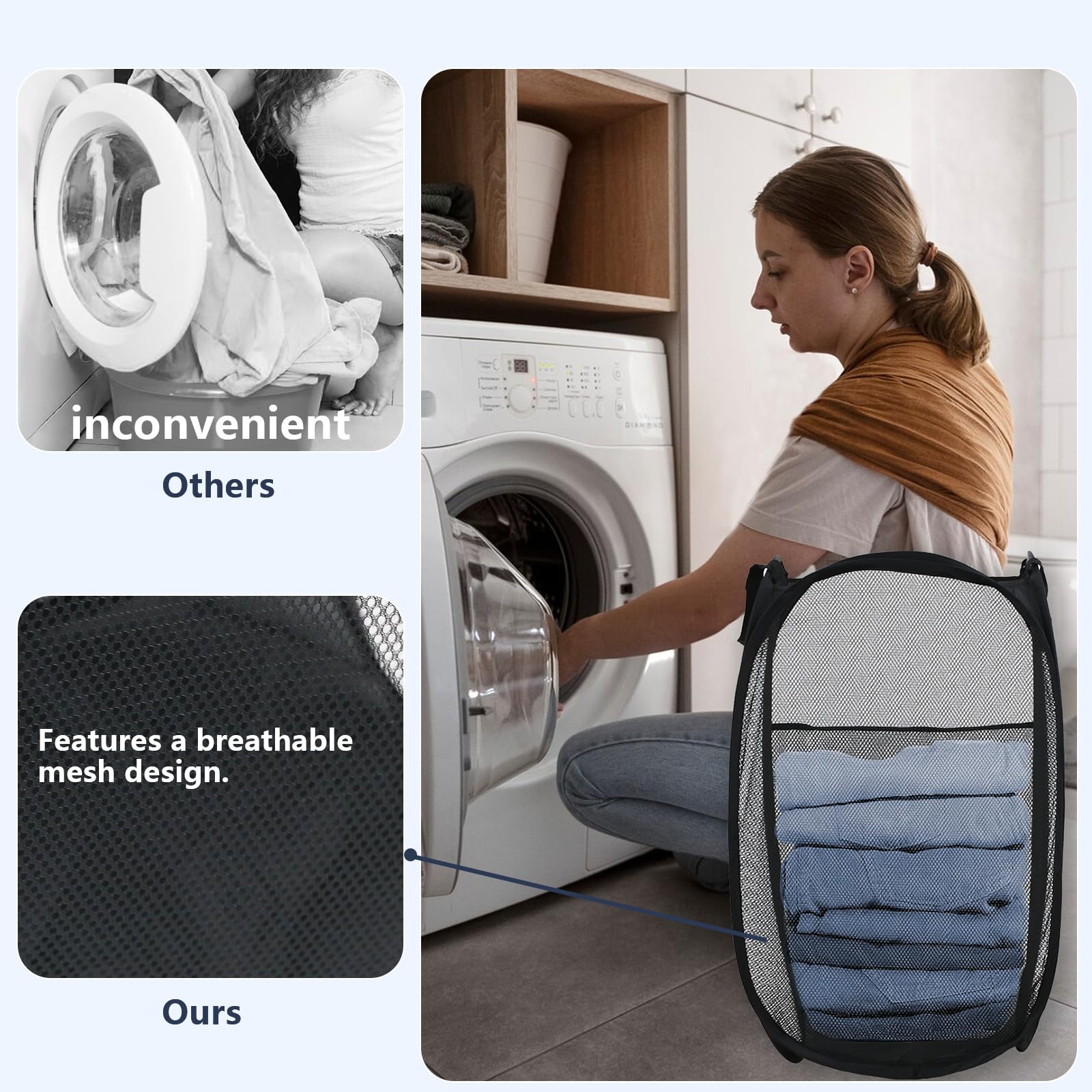 Lxlovesm Pop Up Hamper, Mesh Popup Laundry Hamper, Clothes Basket, Collapsible Hamper For Laundry, Foldable Hamper For Travel An