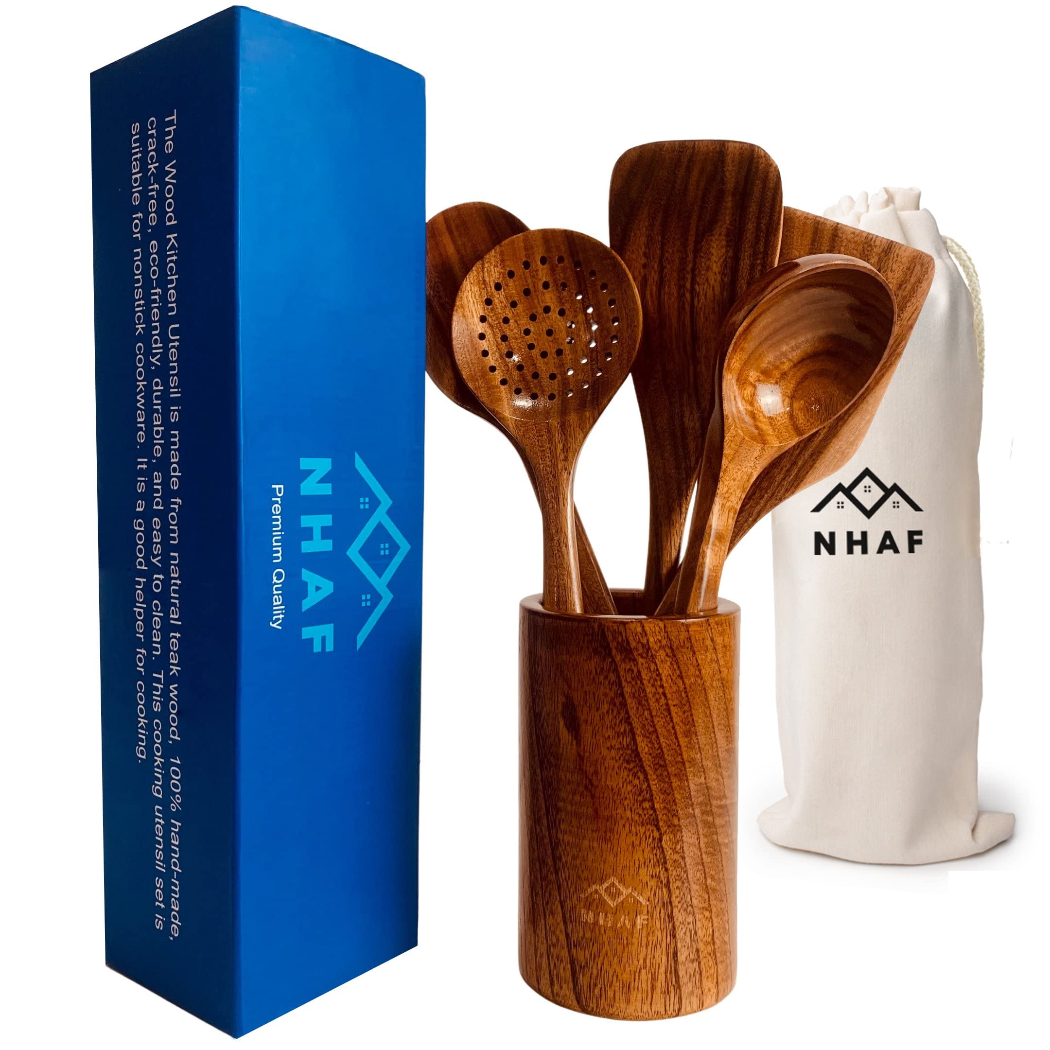 Nhaf Premium Teak Healthy Spoons, Durable Eco-Friendly Spatula, Wooden Utensils For Cooking Set With Holder & Canvas Bag, Wooden