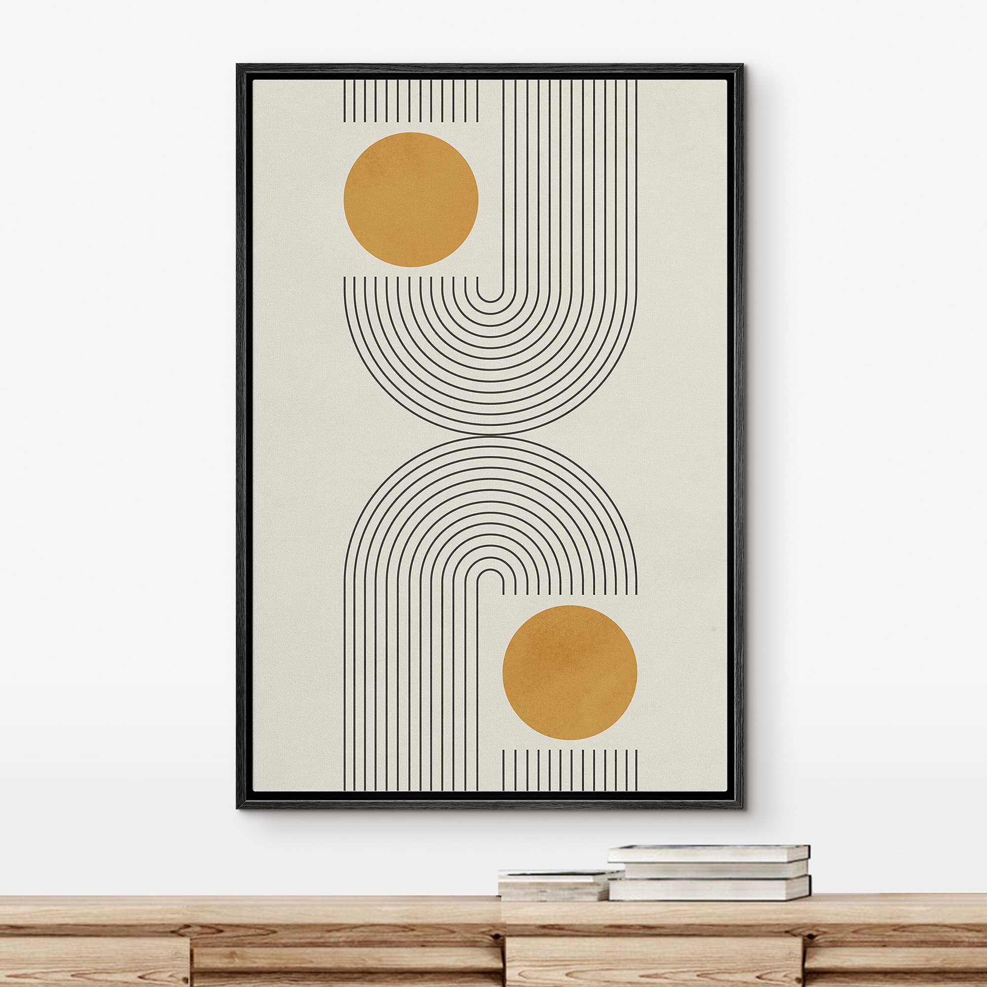 Idea4Wall Framed Canvas Print Wall Art Black Illusion Line Art With Yellow Circles Geometric Shapes Illustrations Abstract Mid-C