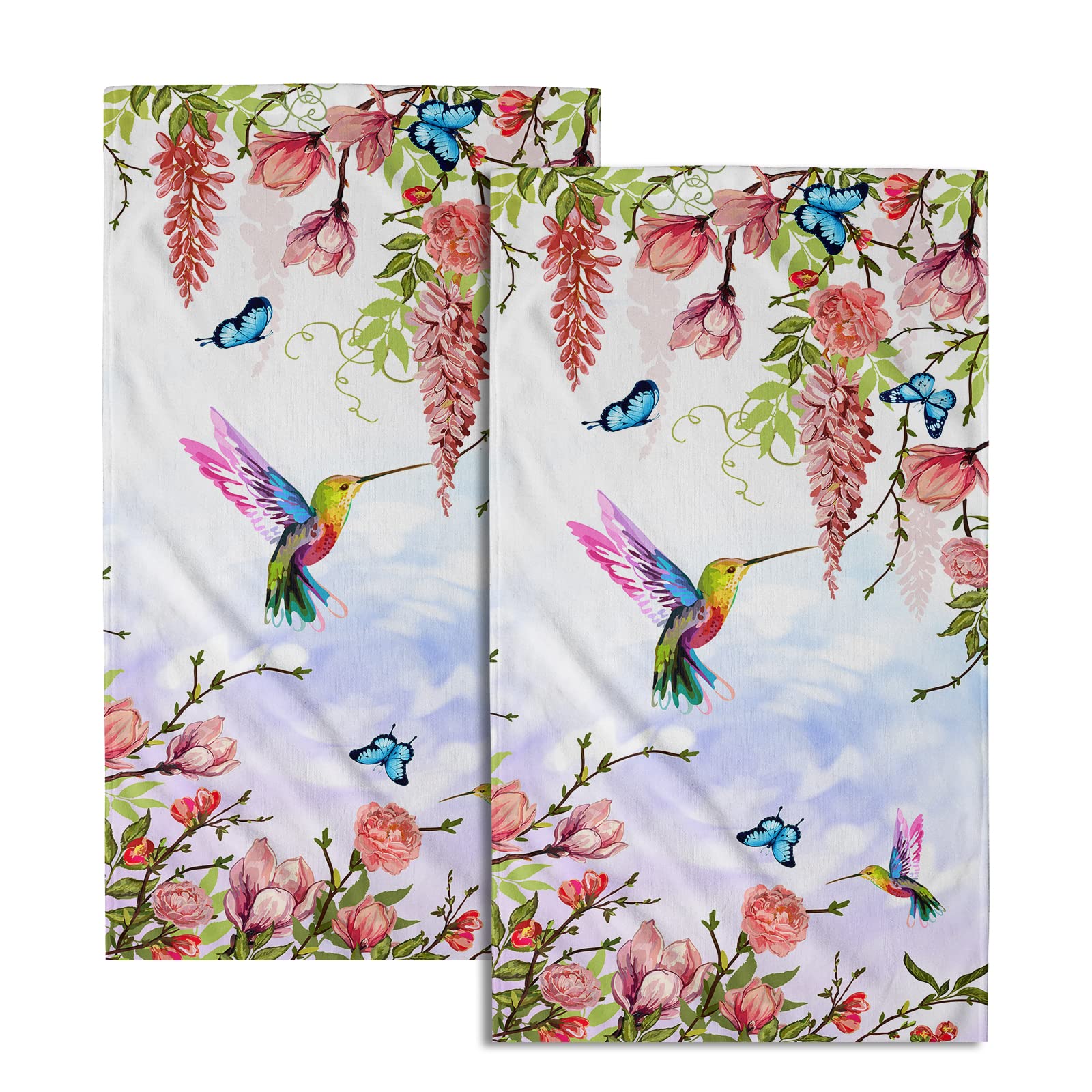 Pink Floral Hand Towels Set Of 2 Hummingbird Butterfly Soft Absorbent Guest Bath Towel Kitchen Dish Towel Spa Home Bathroom Deco