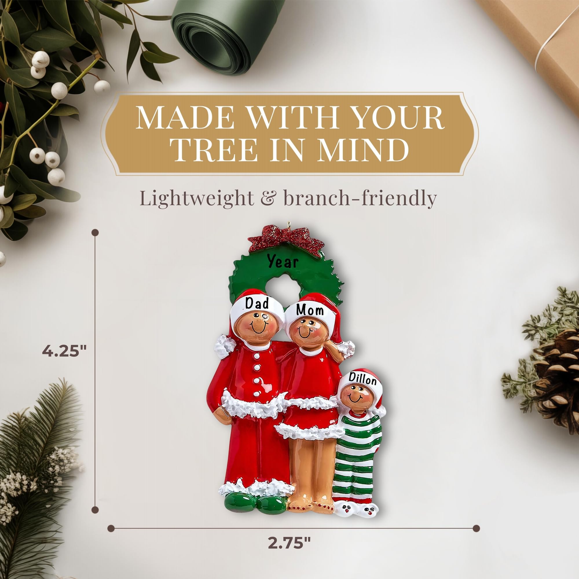 Personalized Family of 3 Ornament 2025 | Free 24h Customization | Ethnic Christmas Ornaments for Tree | Custom Gift Wrapped Sant