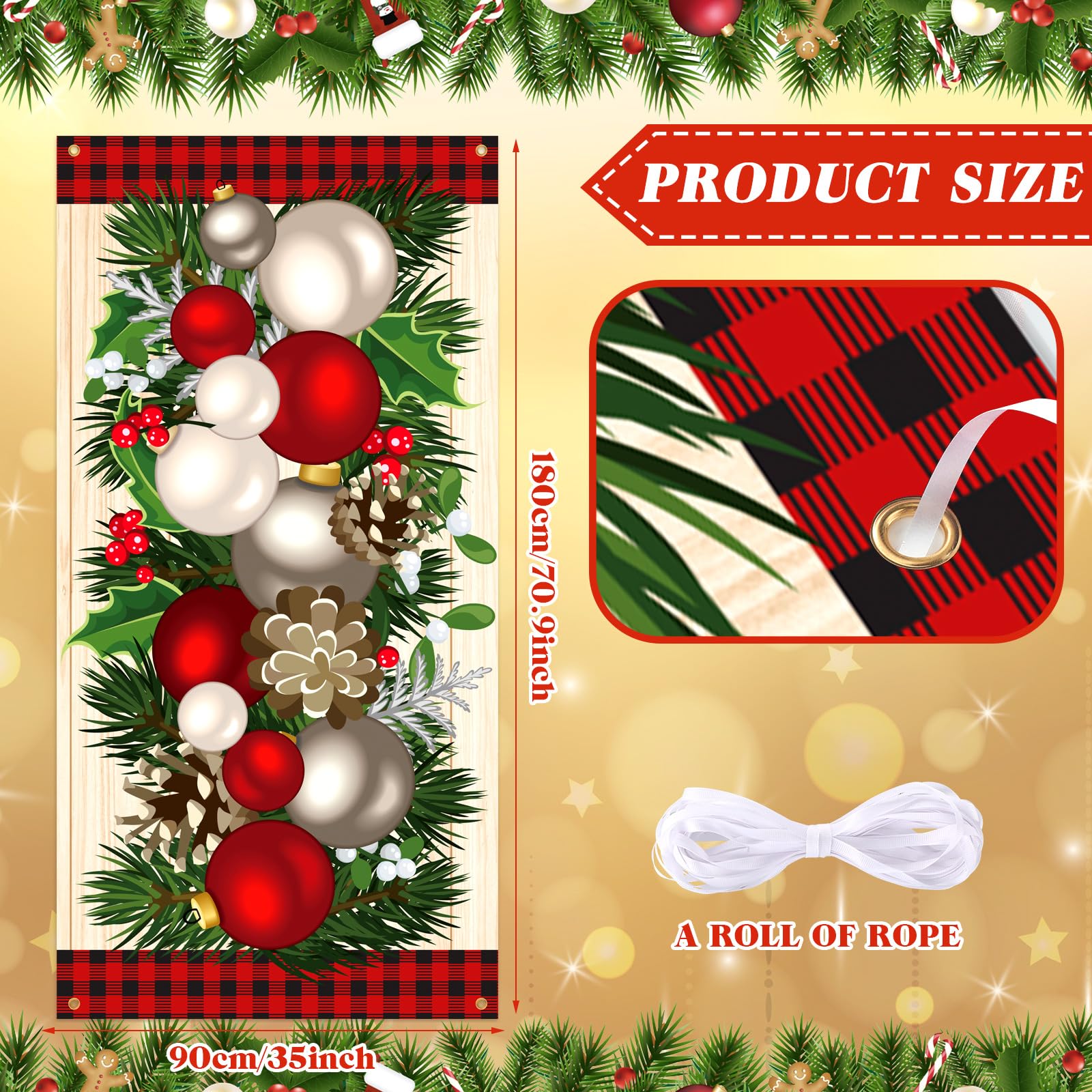 Buryeah Christmas Door Cover Christmas Ball Door Decorations Xmas Photography Background Banner Porch Sign for Front Outdoor Win