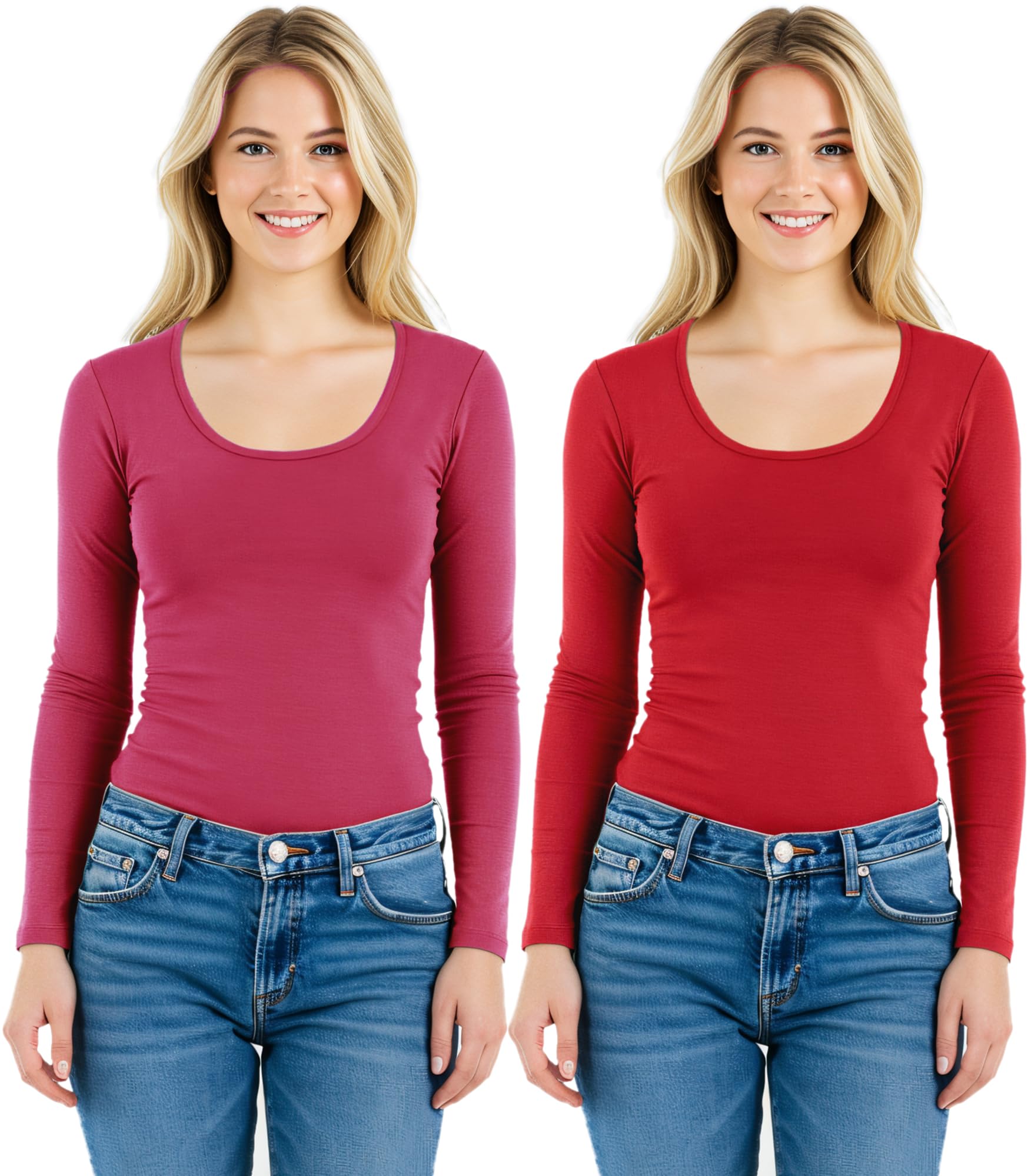 Emmalise Womens Junior And Plus Size Basic Scoop Neck Tshirt Long Sleeve Tee, 1Xl, 2Pk Fuchsia, Red
