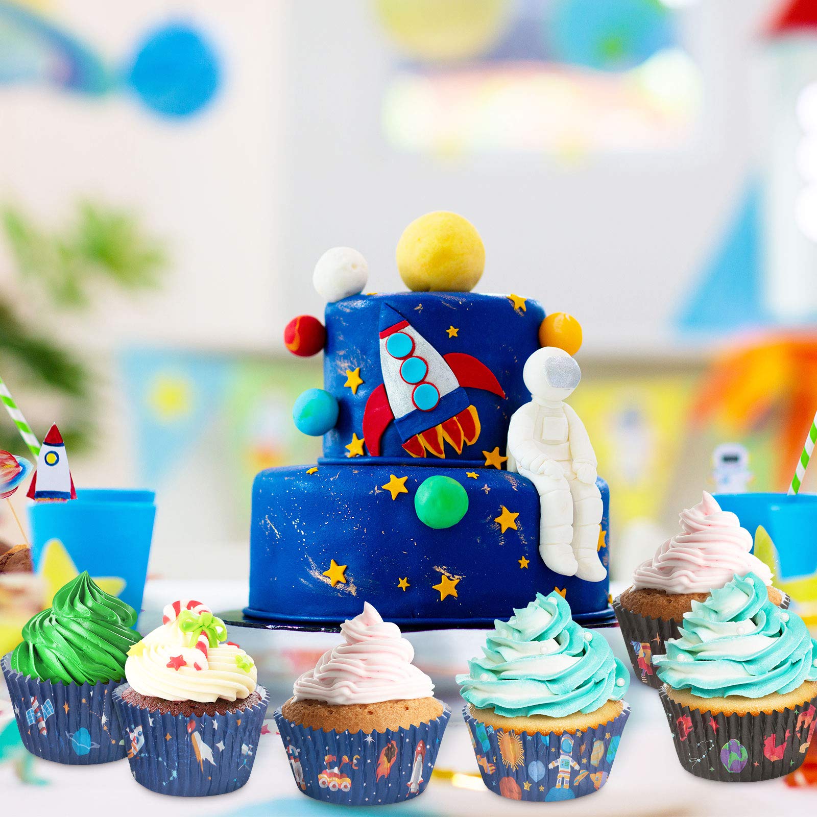 600 Pieces Space Adventure Cupcake Liners Outer Space Planet Rocket Astronaut Baking Cups Cupcake Wrappers Wraps Muffin Case Tra