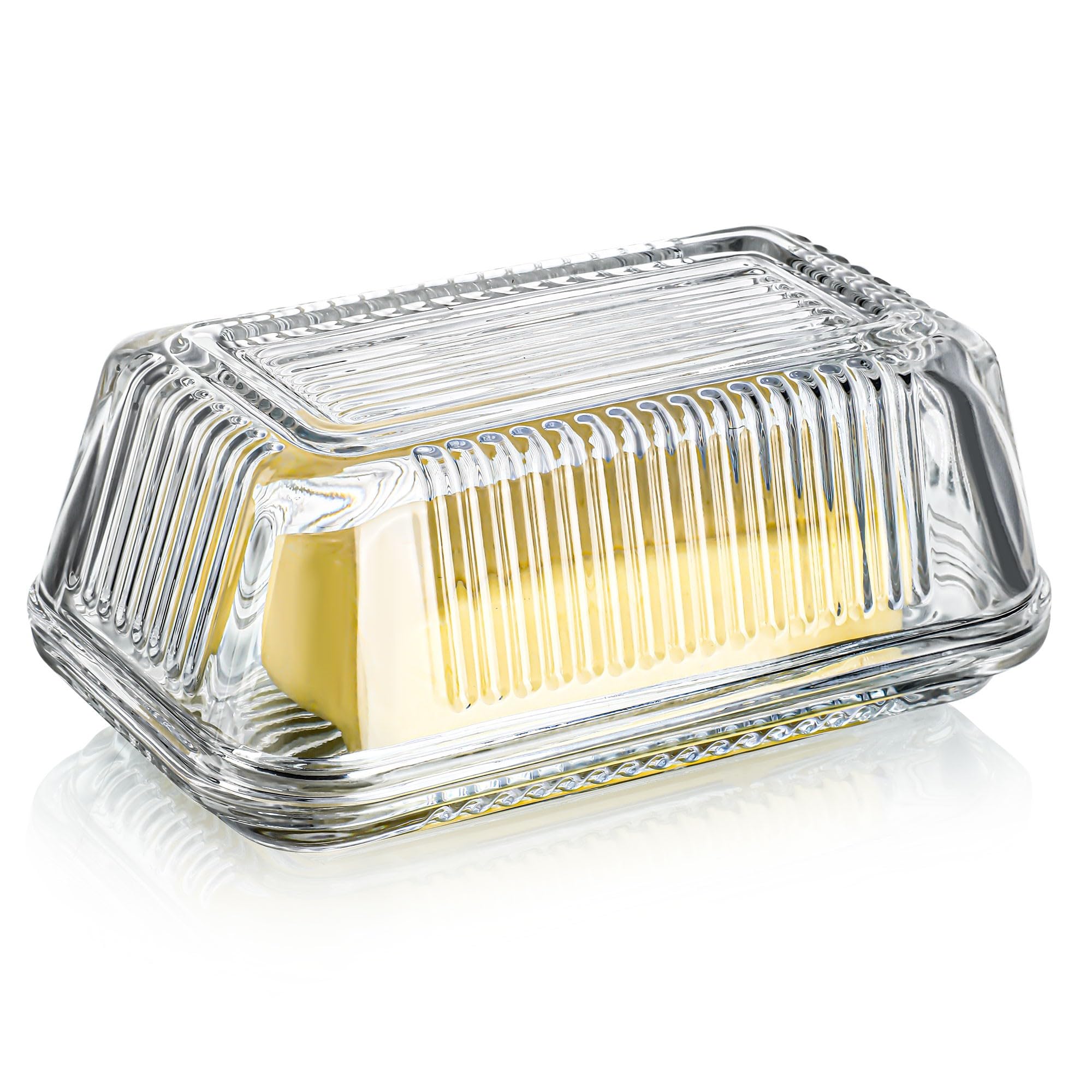 Clear Glass Butter Dish with Lid for Countertop, 6.5 Crystal Butter Dish with Cover, Covered Butter Tray for Refrigerator