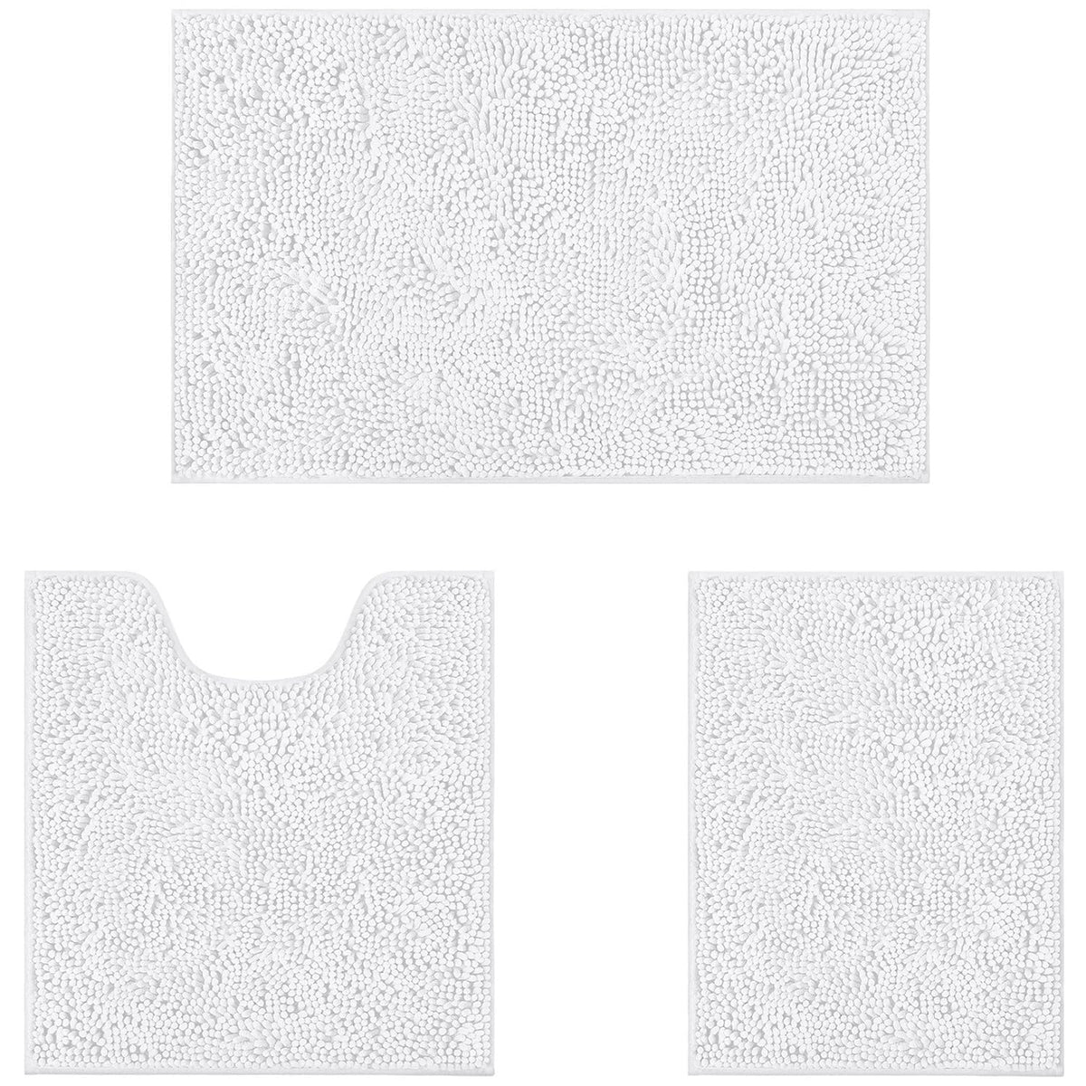Homeideas 3 Pieces Bathroom Rugs, Ultra Soft Non Slip Absorbent Chenille Toilet Bath Mat Set (White)