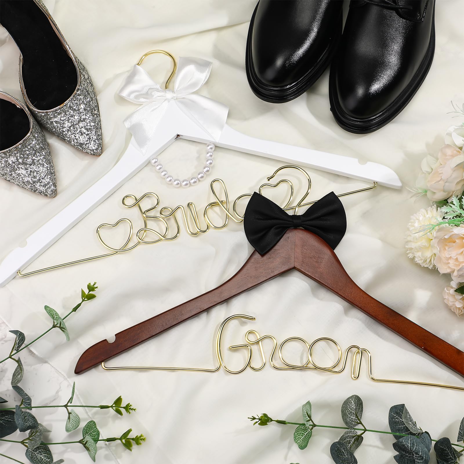 2 Pcs Bride Hanger Bride and Groom Wooden Wedding Dress Hanger Set with Bow Tie for Tuxedo Suit Wedding Gift Bridal Party Shower