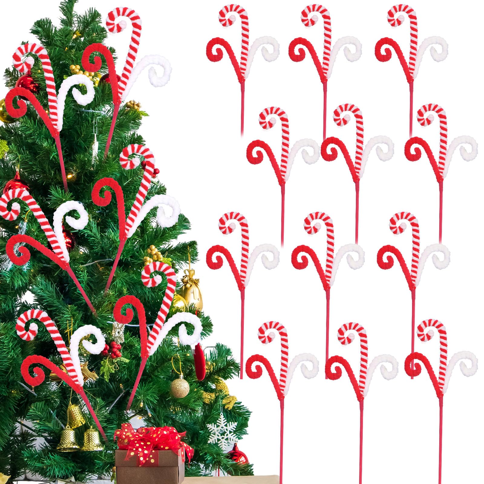 Wettarn 12 Pcs Christmas Tree Decorations Red White Woolen Candy Cane Curly Picks for Christmas Tree Topper Ornaments Lollipop C