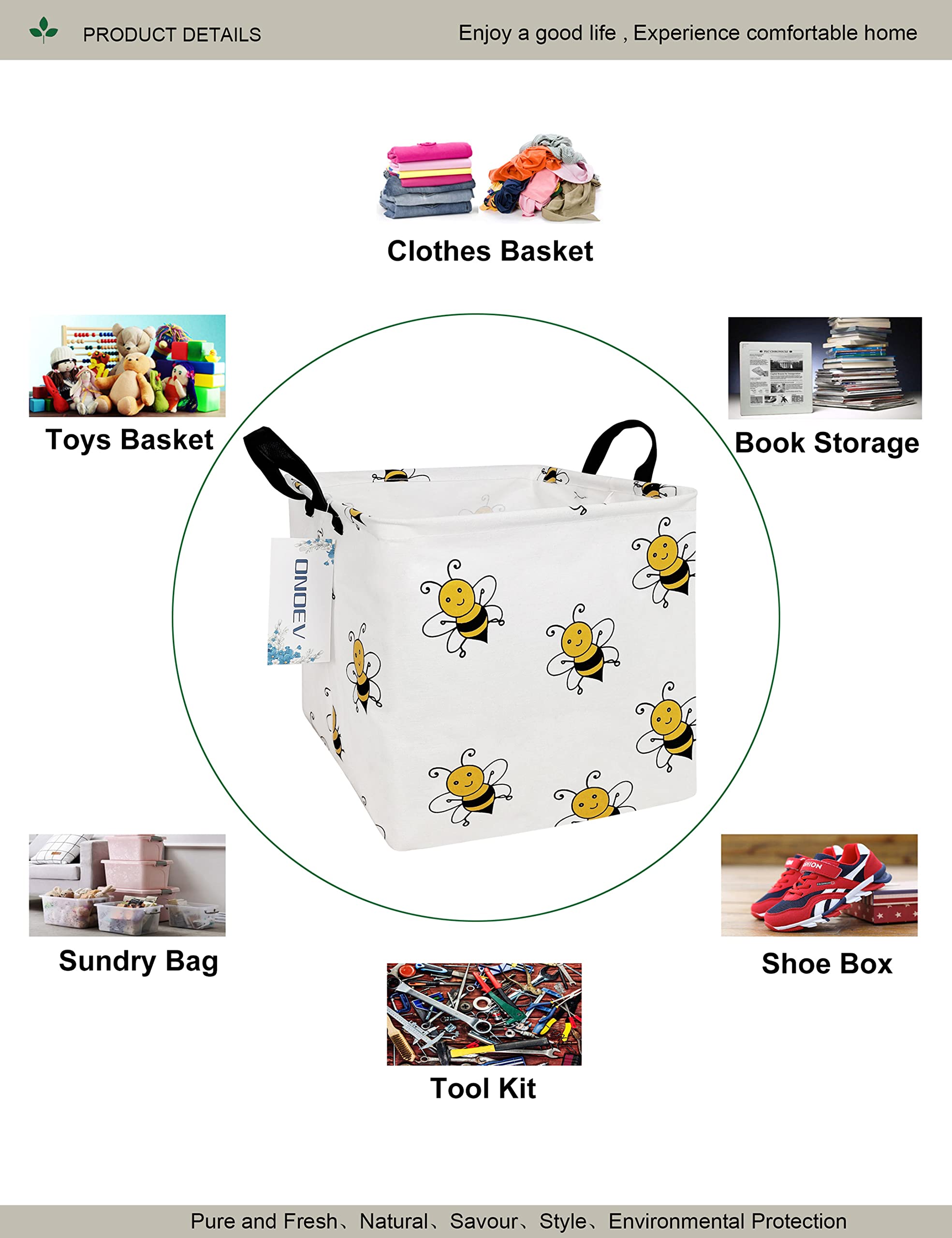 ONOEV Square Folding Laundry Basket  Canvas Basket Nersury Hamper Suitable for Children Office Bedroom Clothes Toys Storage(Bee)