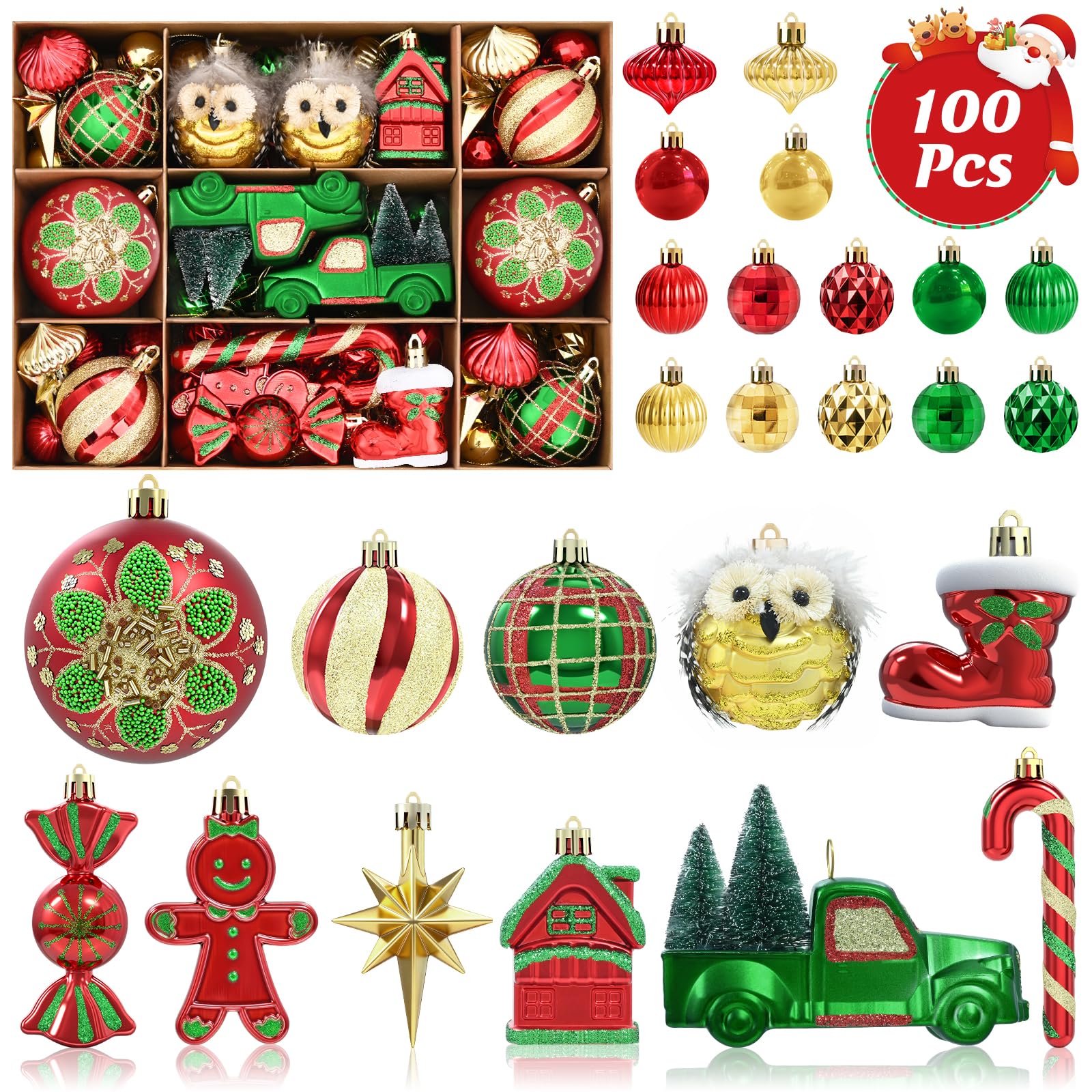 Dolicer 100 Pcs Christmas Ornaments Various Elements Christmas Tree Ornaments Set Red Gold Green Christmas Ball Ornament Shatter