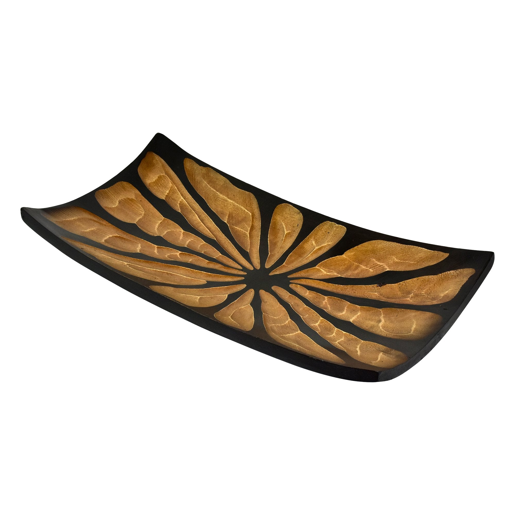 Aeravida Handcarved Flower Or Burst 2-Tone Stained Rectangular Shaped Wooden Serving Bowl | Serving Tray With Handles