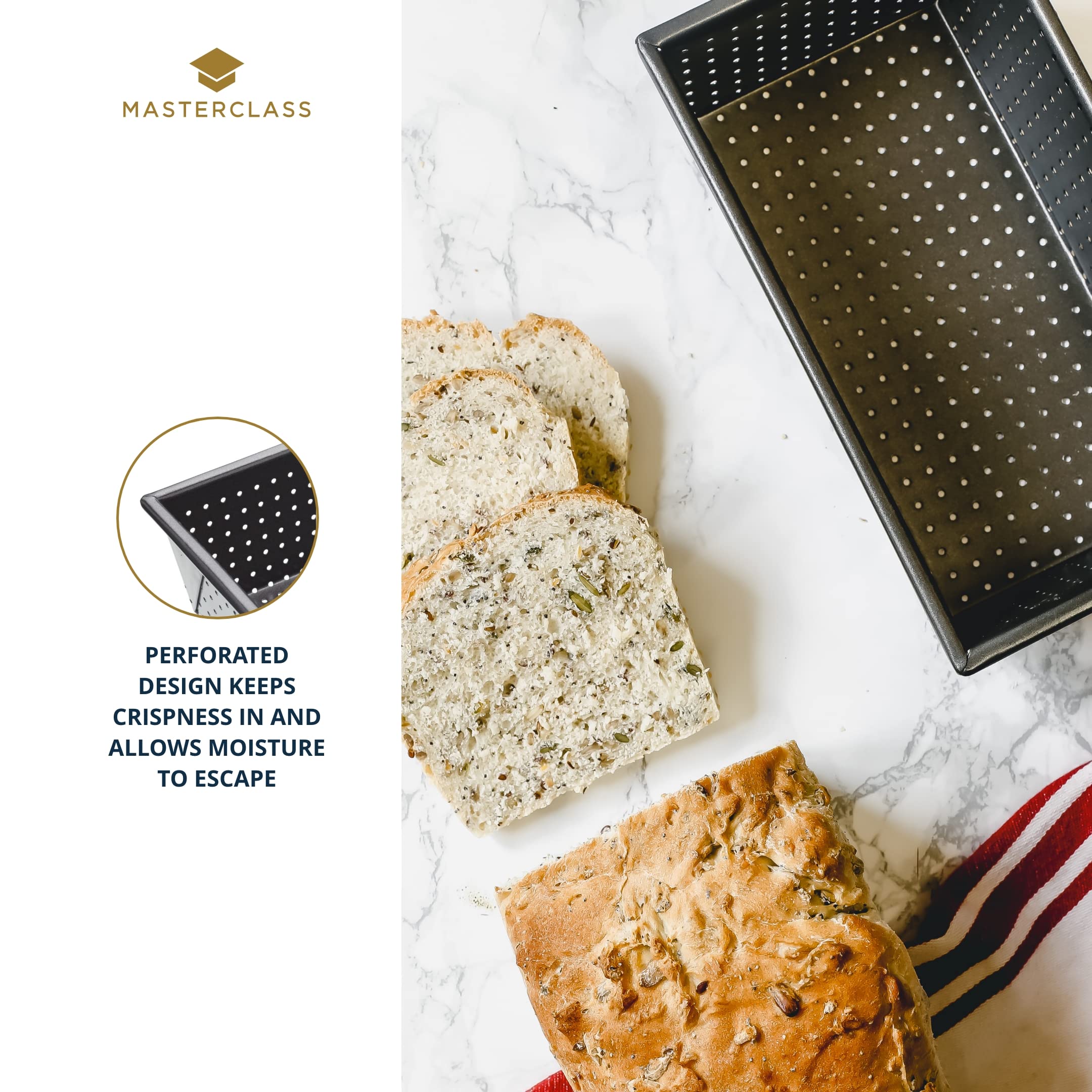 Masterclass Kcmccb20 Crusty Bake Perforated Loaf Tin With Pfoa Non Stick, Robust 1 Mm Carbon Steel, 2 Lb, 21Cm X 11Cm X 7Cm Box