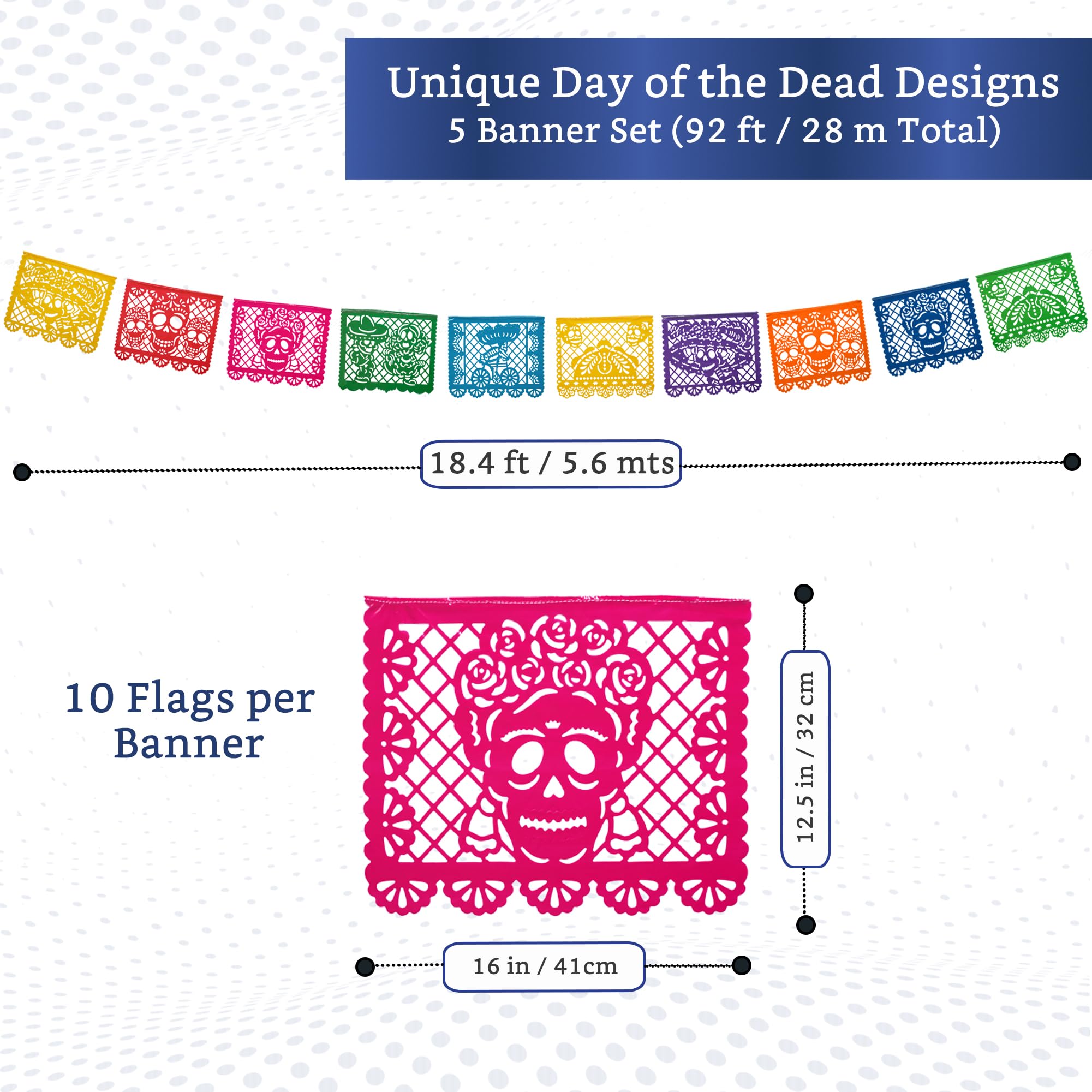 Mexican Party Banners (5 Pack - 10 Plastic Flag Designs per Banner) - Papel Picado Dia de Los Muertos Decorations for Altar - Da