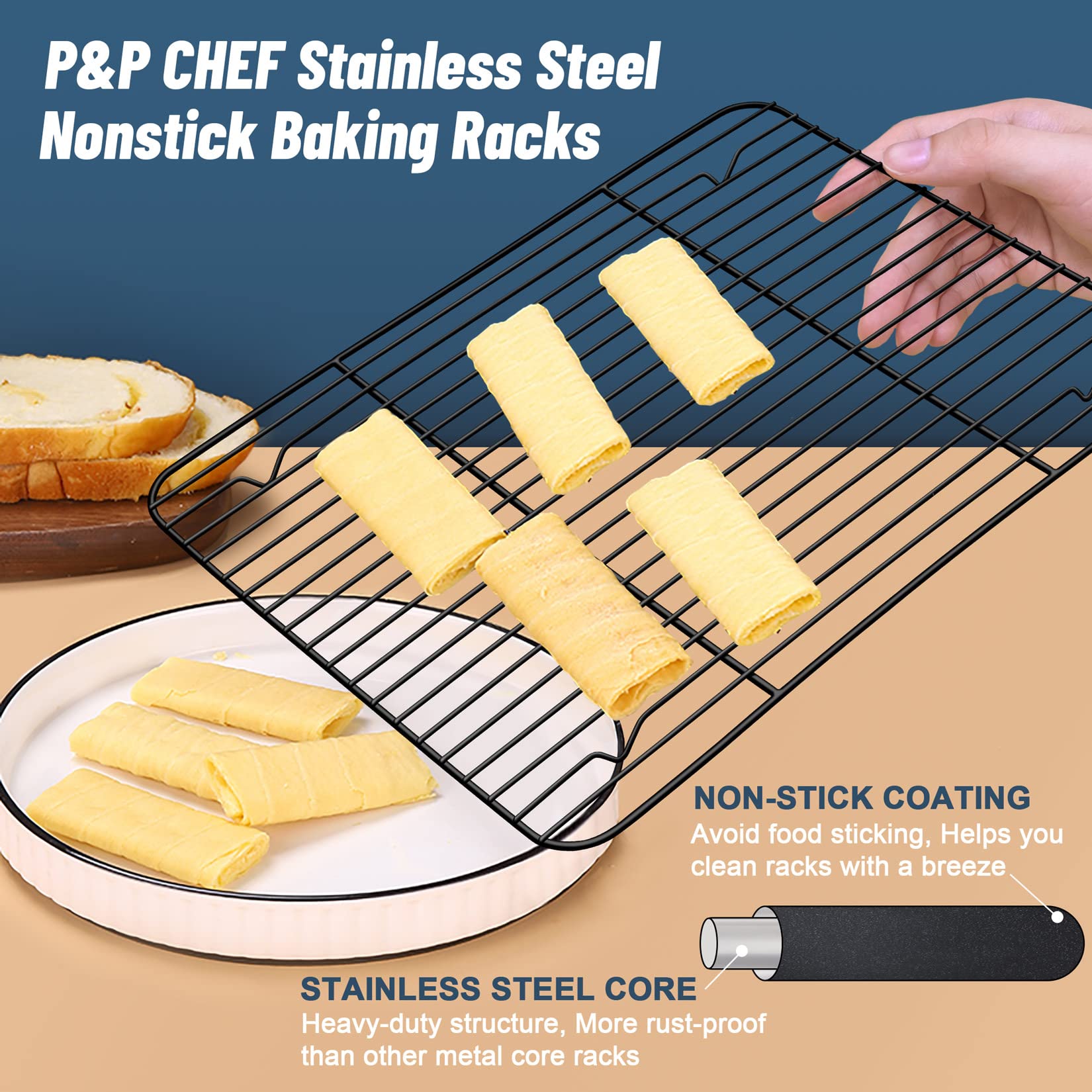 Cooling Rack For Baking Set Of 2, P&P Chef Non-Stick Roasting Racks For Oven Use, 15.3    X 11.25    Cooking Grilling Rack, Fit