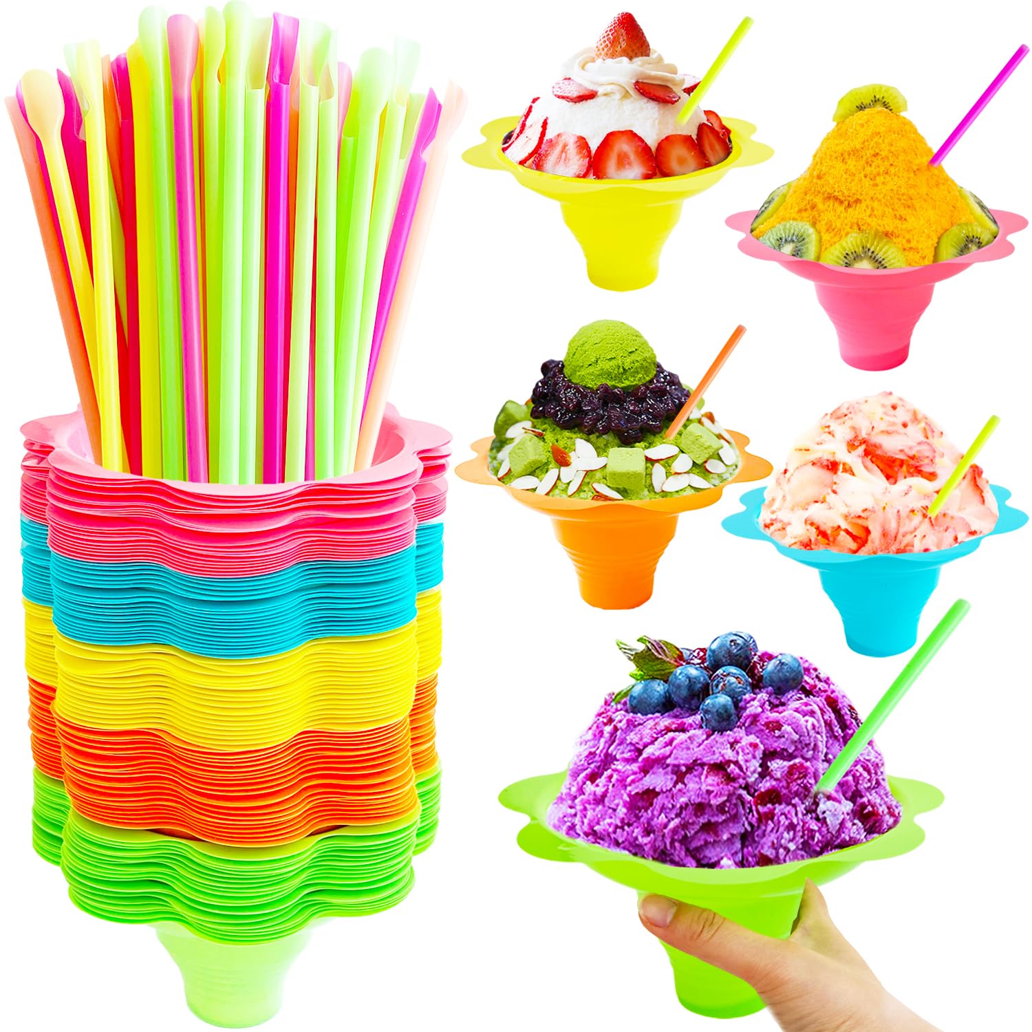 Haawooky 200Pcs 8Oz Colorful Flower Shaped Snow Cone Cups With Spoon Straws,Plastic Shaved Ice Drip Cups Reusable Plastic Snack