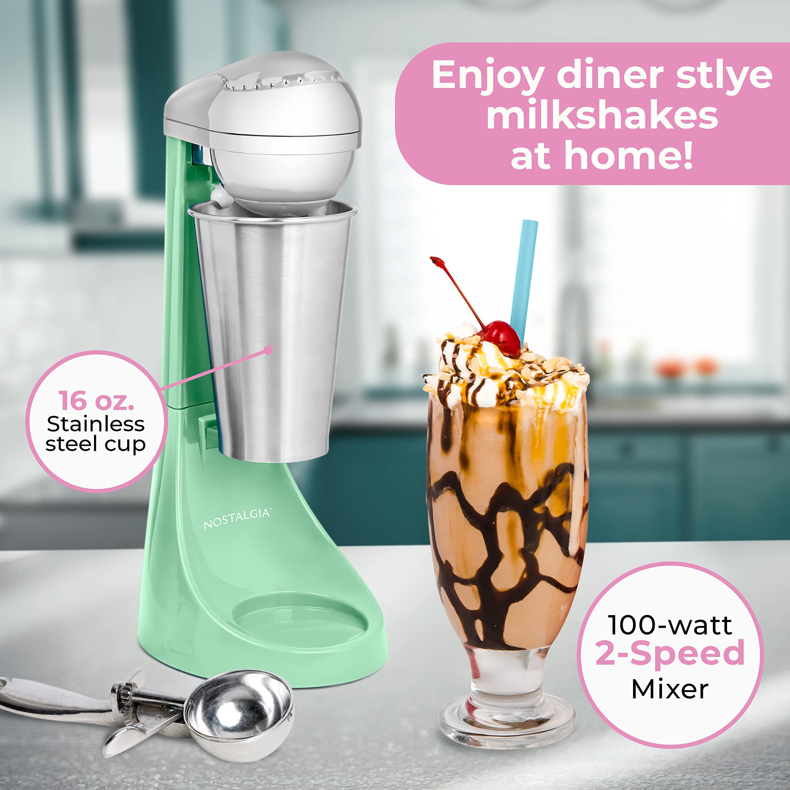 Nostalgia Two-Speed Electric Milkshake Maker And Drink Mixer, Includes 16-Ounce Stainless Steel Mixing Cup & Rod, Jade Green