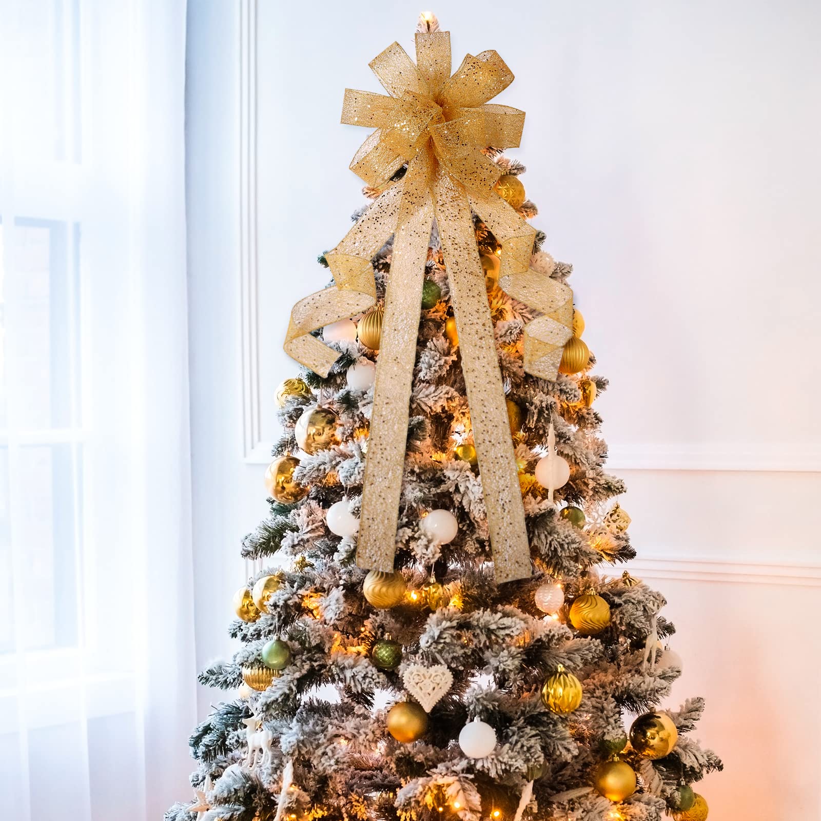 GWHOLE Gold Glitter Christmas Tree Toppers, 40 x 12 Inch Ribbon Bows for Christmas Tree House Xmas Decoration Supplies (Champaig