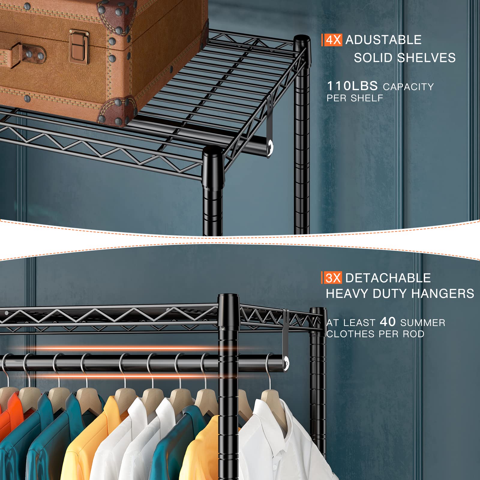 Raybee Heavy Duty 79" H Clothes Rack with Wheels - Portable Black Wardrobe Closet for Hanging Clothes, 45" Wx17" D