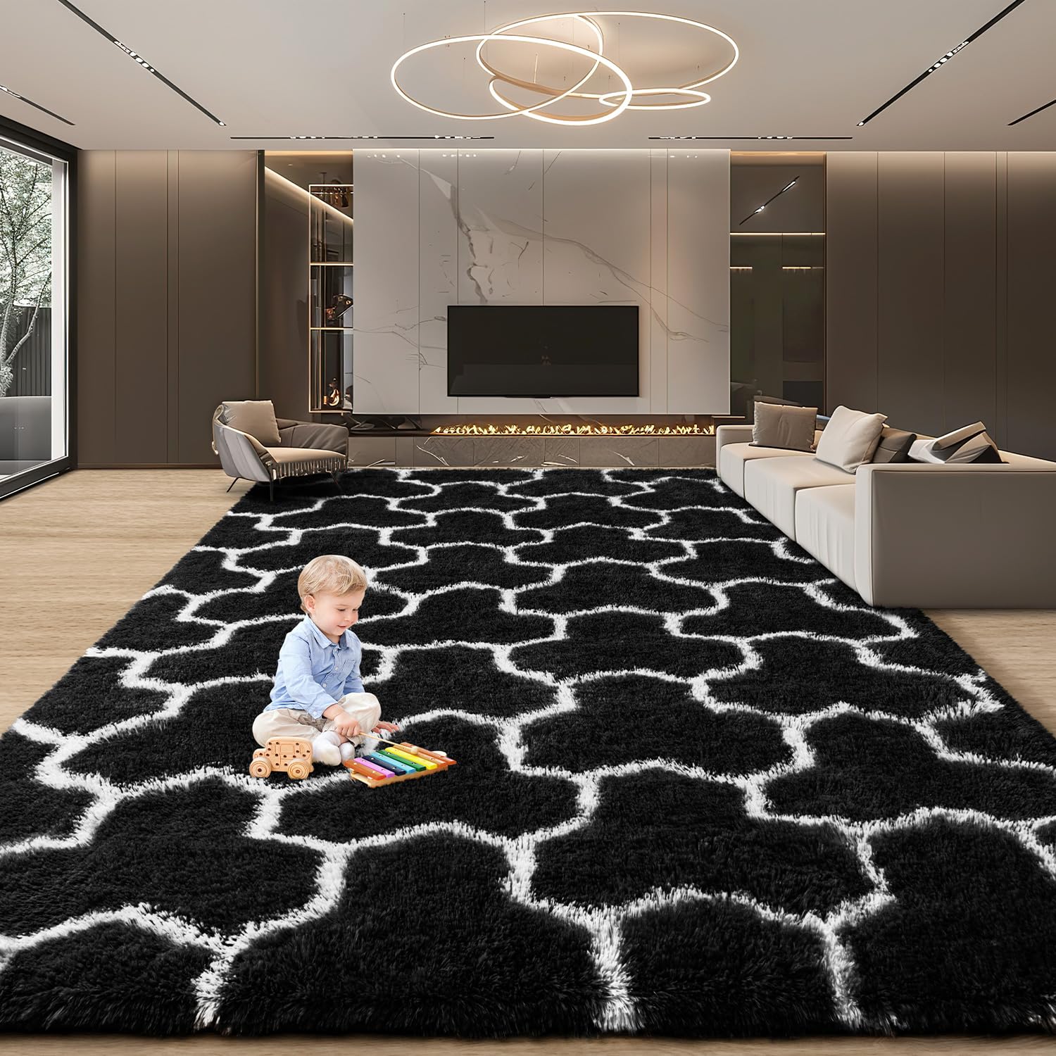 EVOIONOS Black White Area Rugs for Living Room, 5x7 Feet Fluffy Geometric Rug for Bedroom, Plush Shaggy Soft Indoor Floor Carpet