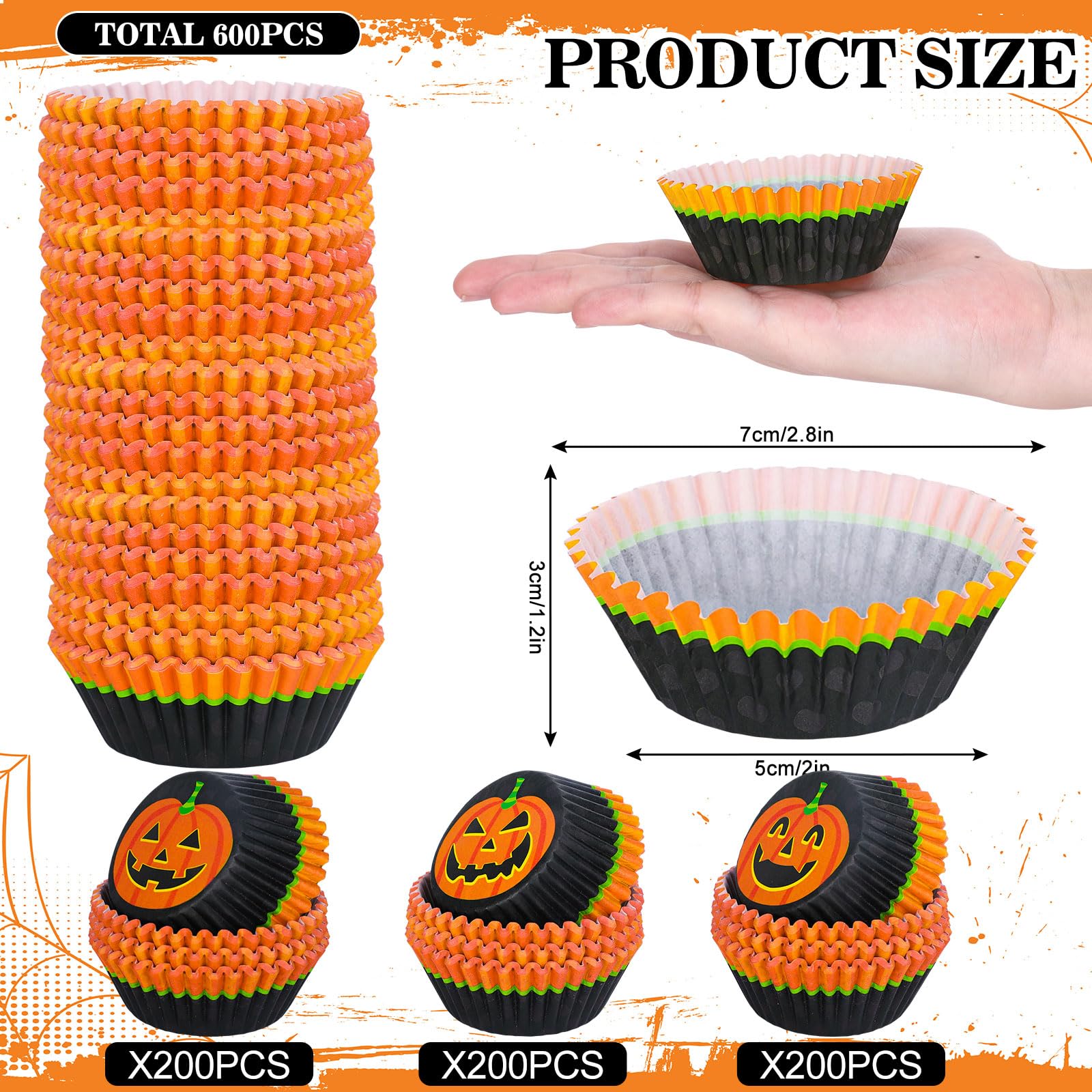Whaline 600Pcs Halloween Cupcake Liners Pumpkin Face Pattern Cupcake Wrappers Baking Cups Holders Black Orange Muffin Baking Lin
