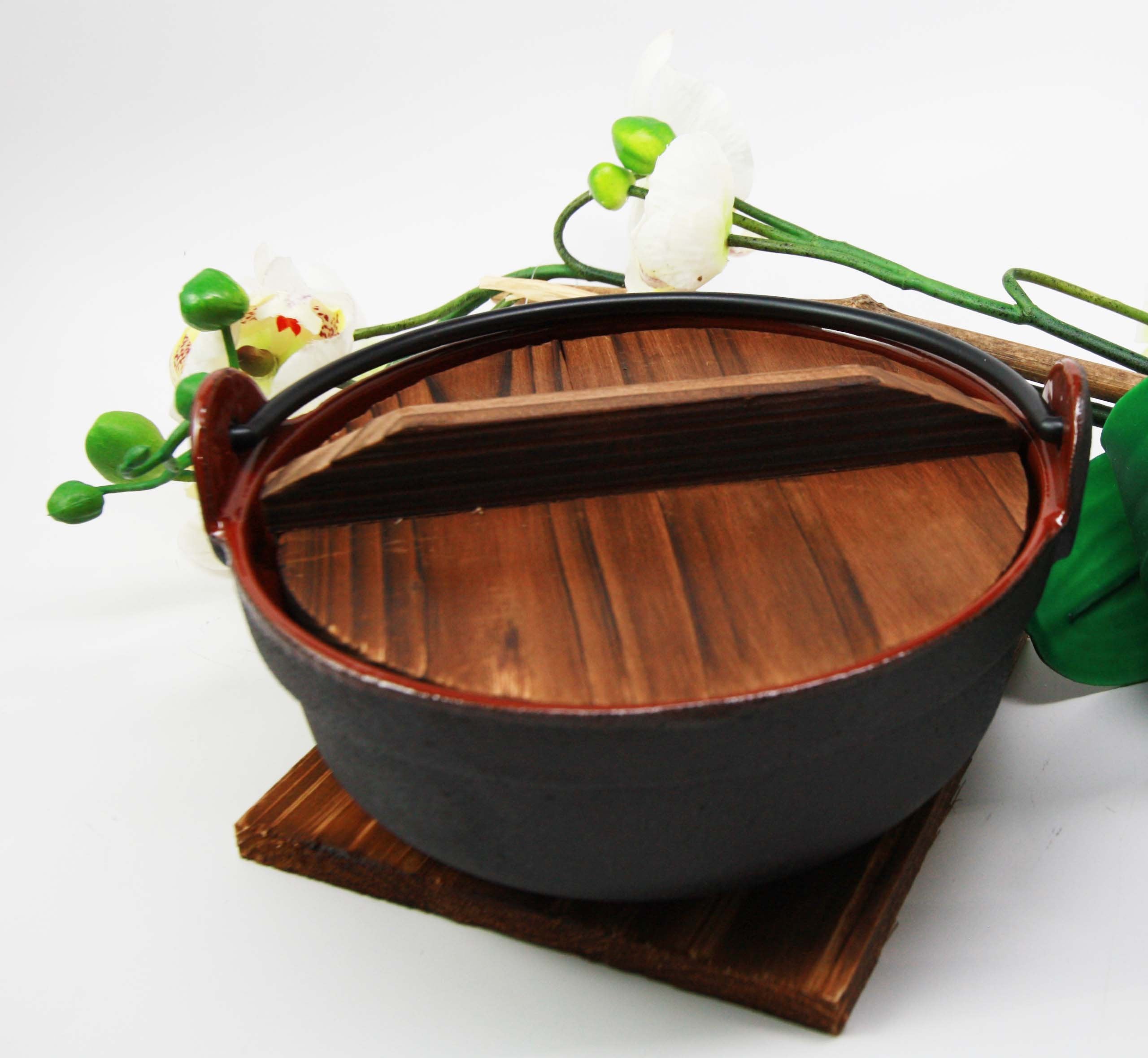 Ebros Japanese Style Traditional Cookware Serveware Cast Iron Sukiyaki Nabemono Small Personal Size Soup Hot Pot With Wooden Lid