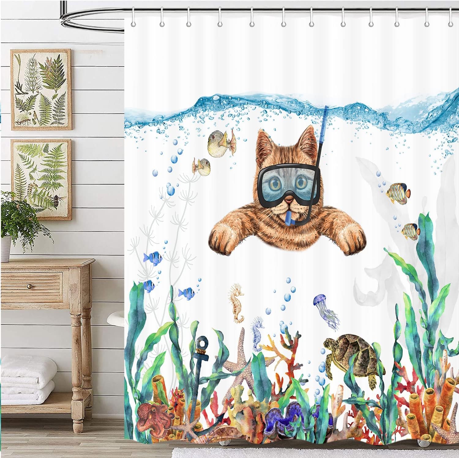 Uokiuki Funny Cat Fabric Shower Curtain, Cool Scuba Diving Cat Shower Curtain For Bathroom, Tropical Fish Coral Underwater Sea O