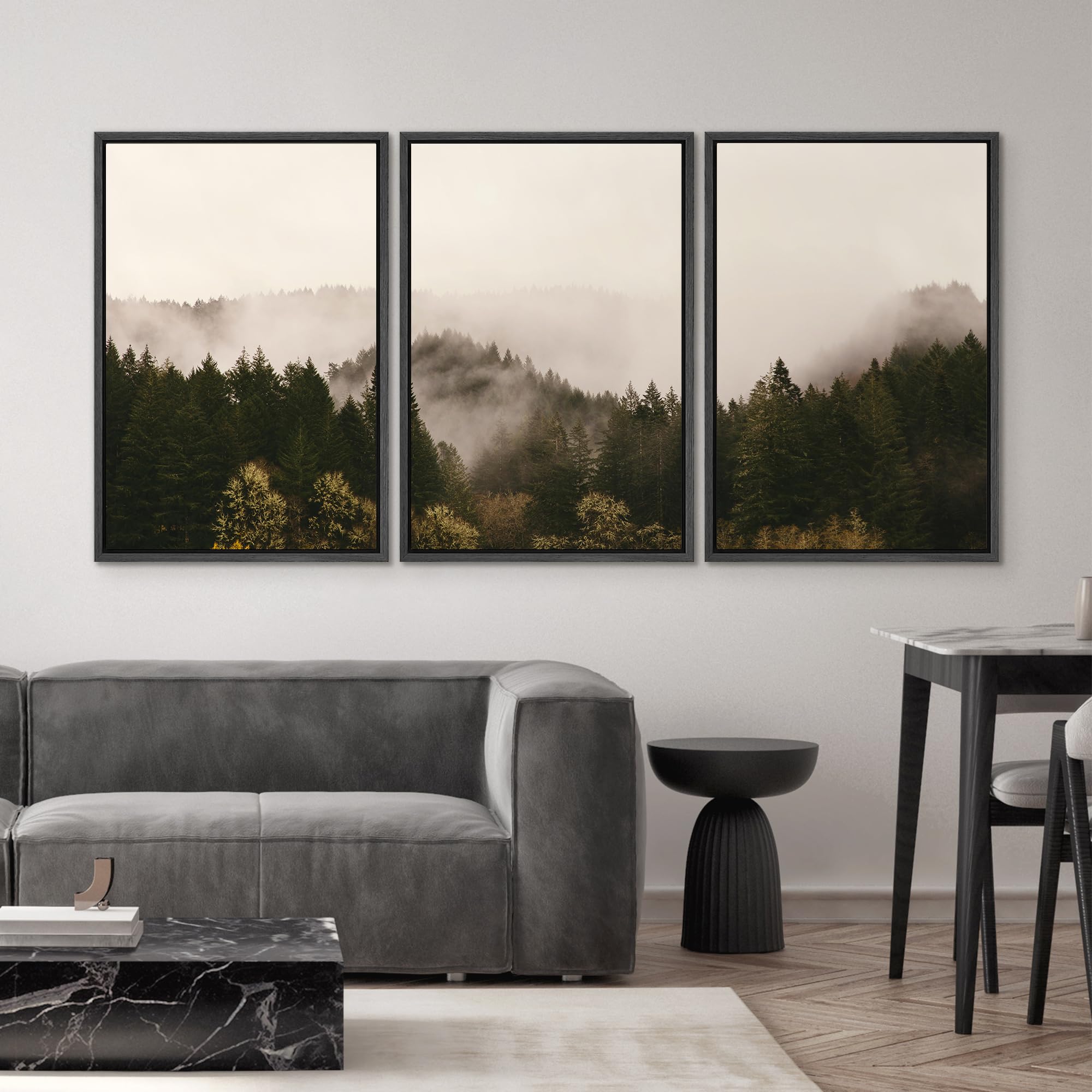 SIGNWIN 3 Piece Framed Canvas Wall Art Brown Foggy Mountains Nature Wilderness Photography Abstract Rustic Canvas Prints Home Artwork Decoration for Living Room Bedroom - 16 ''x24 ''x3 Panels