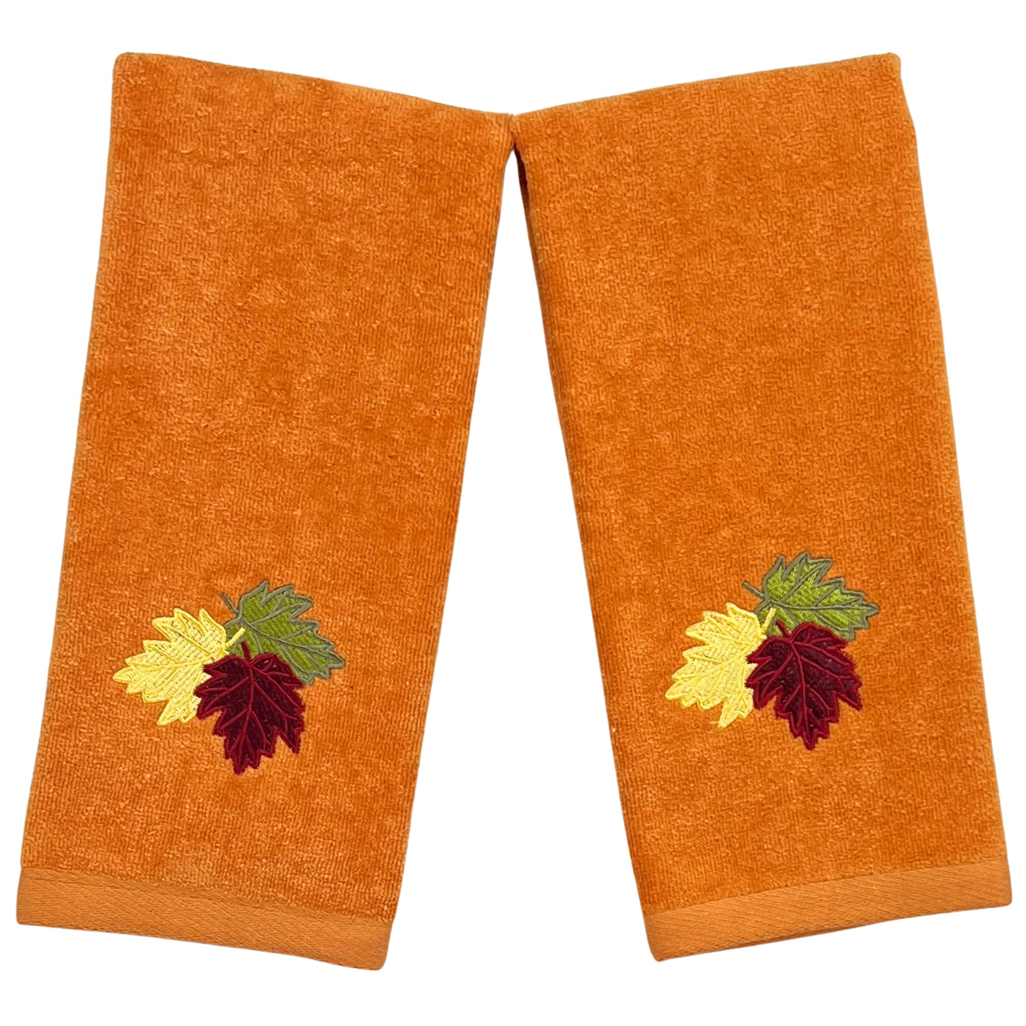 Serafina Home Decor Farmhouse Fall Hand Towels: Terracotta Rust Cotton Towels With Autumn Leaves Of Burgundy Green And Yellow Ha