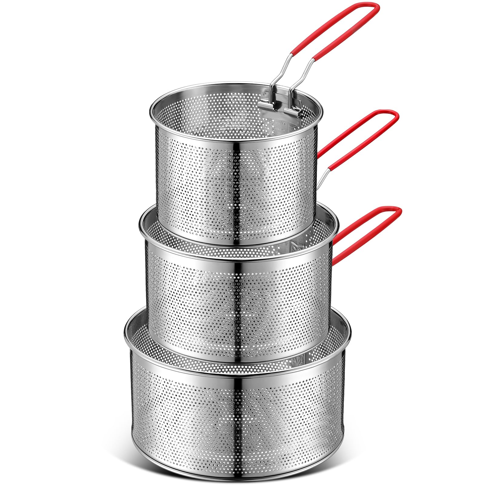 Patelai 3 Pcs Pasta Strainer 5.5 6.3 7.1 Metal Noodle Strainer with Long Removable Handle 304 Stainless Steel Deep Fryer Bask