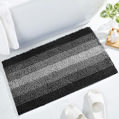 Gibelle Black Bathroom Rugs  Luxury Chenille Bath Mat  Small Non Slip Shower Rug and Bath Room Floor Mats  Machine Washable  Quick Dry Bathmat  Soft Cozy Plush Rug for Tub  20'' x 32''