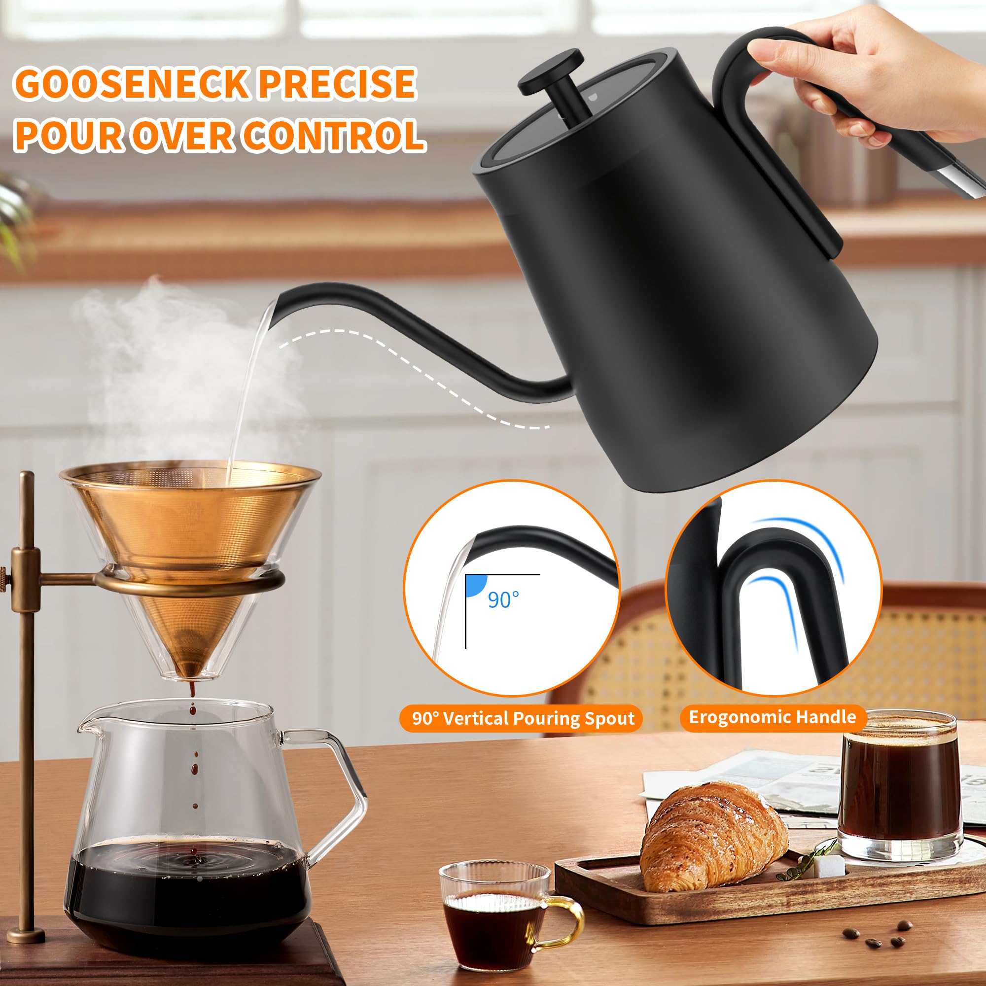 Binroc Electric Gooseneck Kettle, 1? Temperature Control One Click 197? Pour Over Kettle For Coffee & Brew Tea, Hot Water Boiler