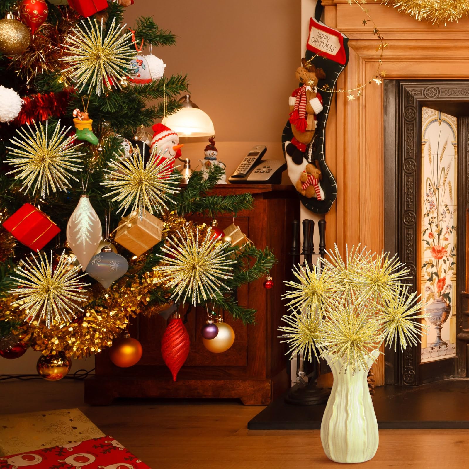 Yalikop 6 Pcs 10 Inch Starburst Christmas Tree Picks Glitter Christmas Star Tree Filler Table Centerpieces for DIY Wreath Crafts