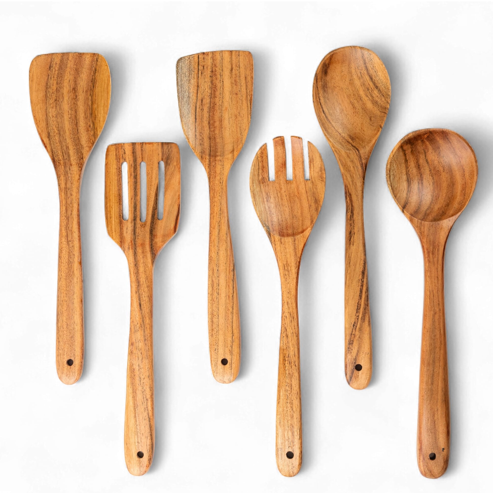 Mie Creations Acacia Wood Spatulas for Cooking, 6 Pcs Wooden Kitchen Cooking Utensils for Nonstick Pans & Cookware, Set of 6 Tur