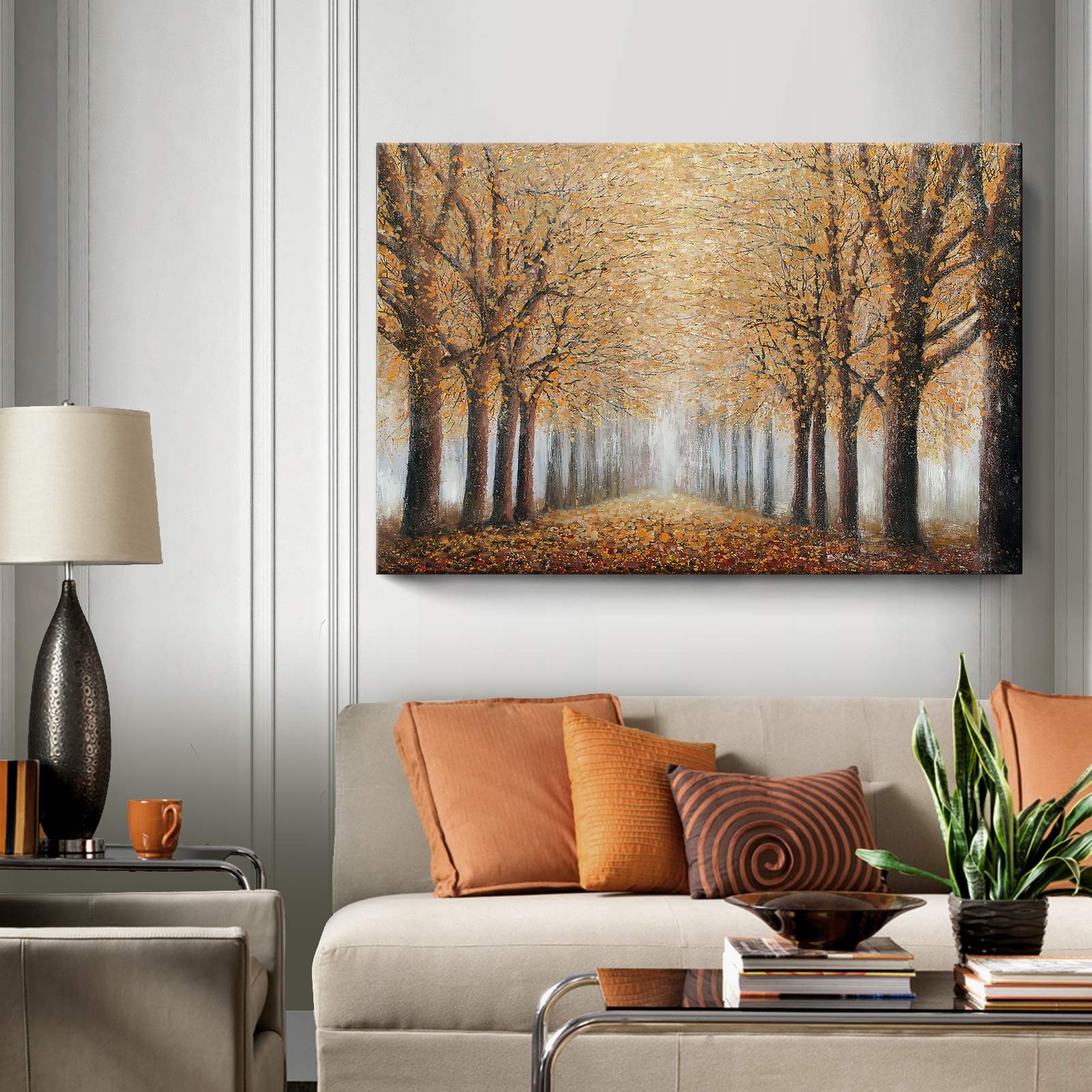 Large Tree Wall Art For Living Room Hand-Painted Forest Oil Painting Framed Yellow Grove Artwork Autumn Landscape Canvas Picture